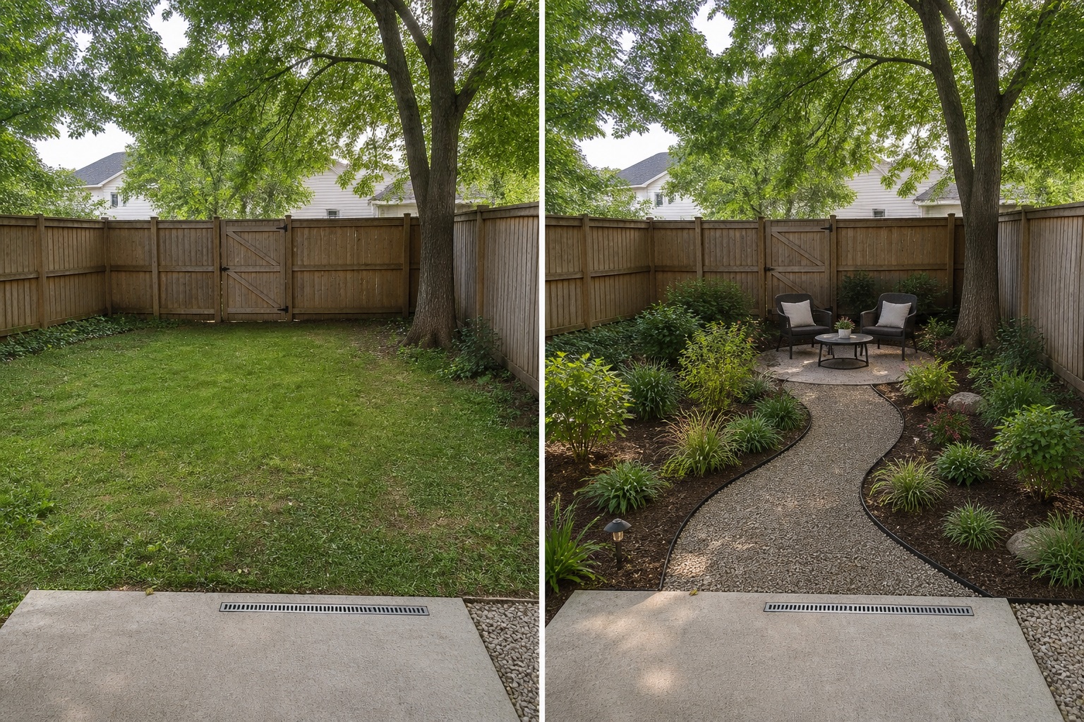 Before-and-after AI concept for ai backyard design from photo showing the same space and camera position with fixed conditions retained