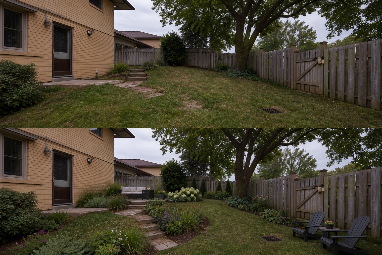 Before-and-after AI concept for AI garden design mistakes showing the same space and camera position with fixed conditions retained