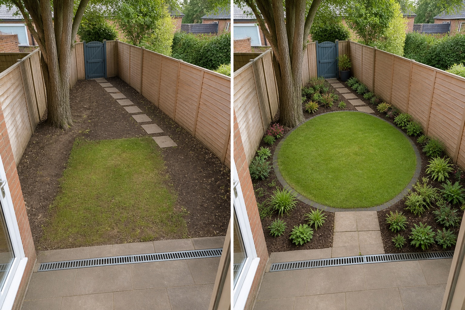 Before-and-after AI concept for awkward shaped garden ideas showing the same space and camera position with fixed conditions retained