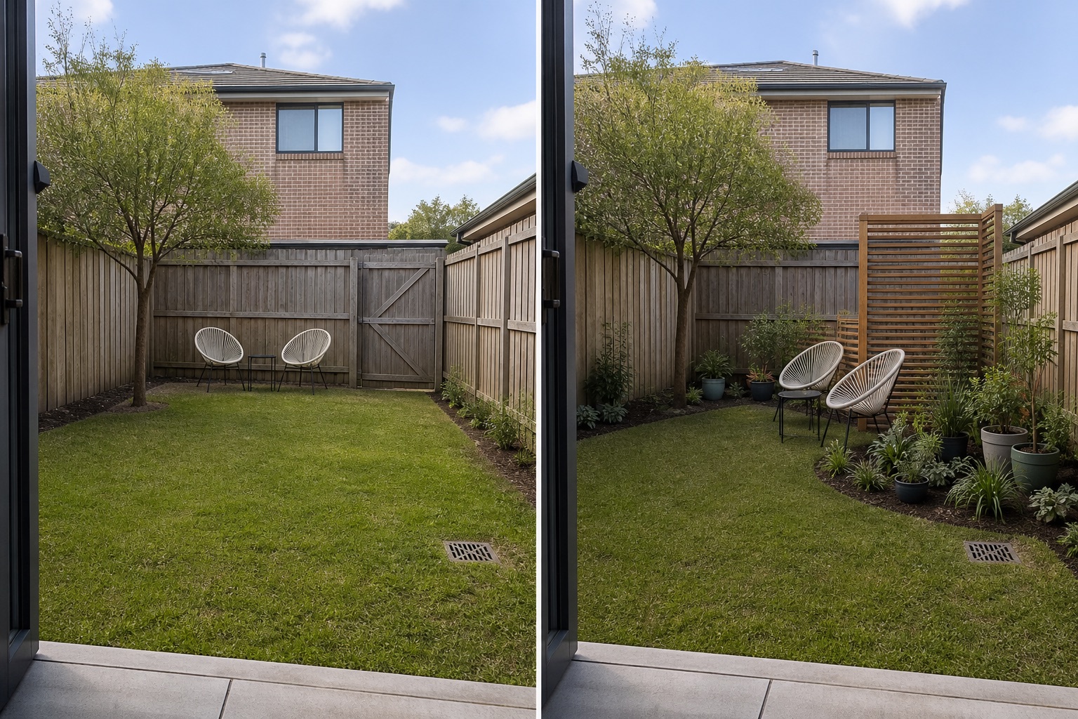 Before-and-after AI concept of the same fenced backyard from the same doorway, retaining the house, neighboring upper window, fences, gate, tree, lawn, level and drain while turning movable seating and adding one local freestanding screen with layered edge planting