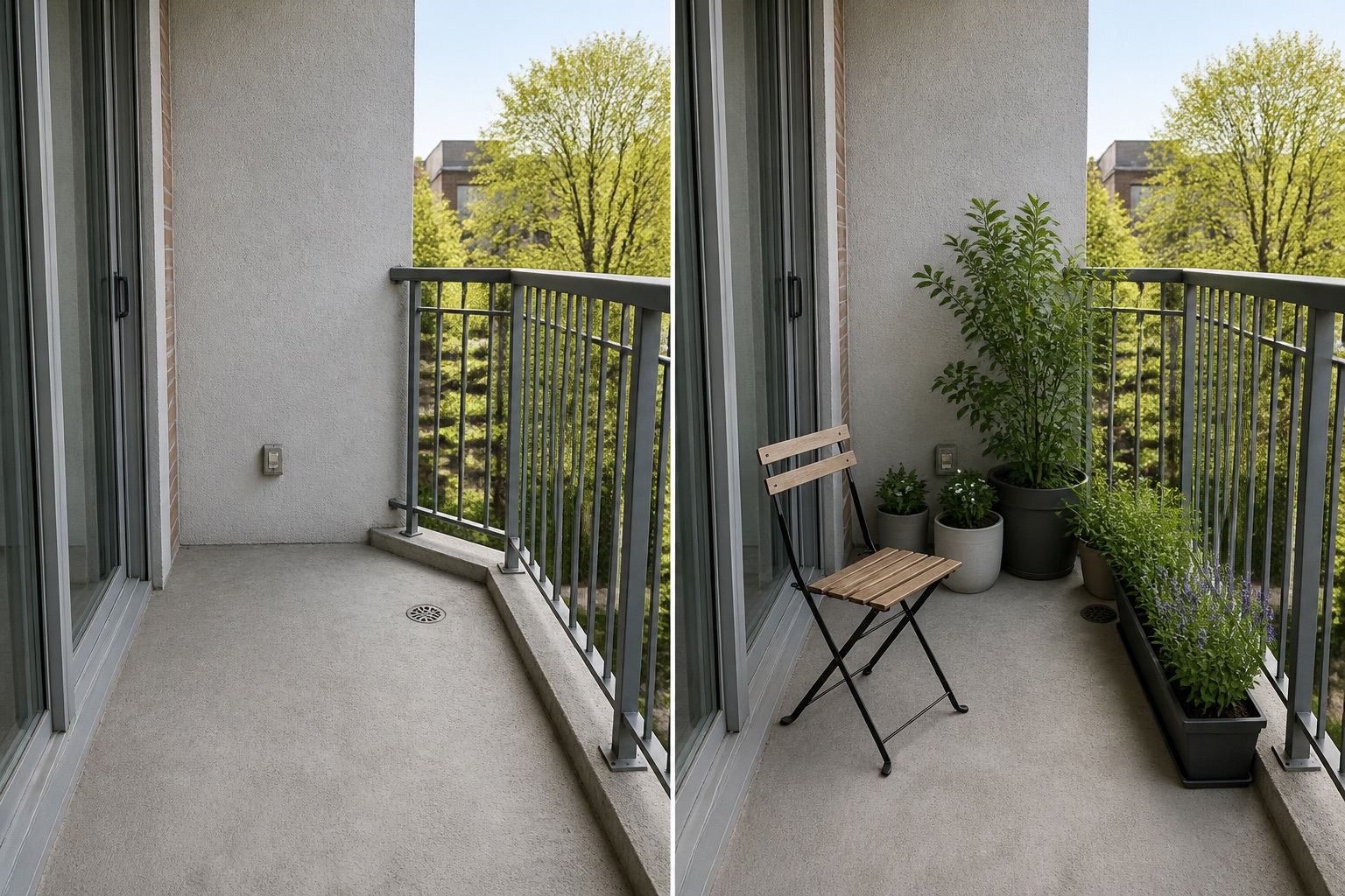 Before-and-after AI concept for balcony garden design ideas showing the same space and camera position with fixed conditions retained