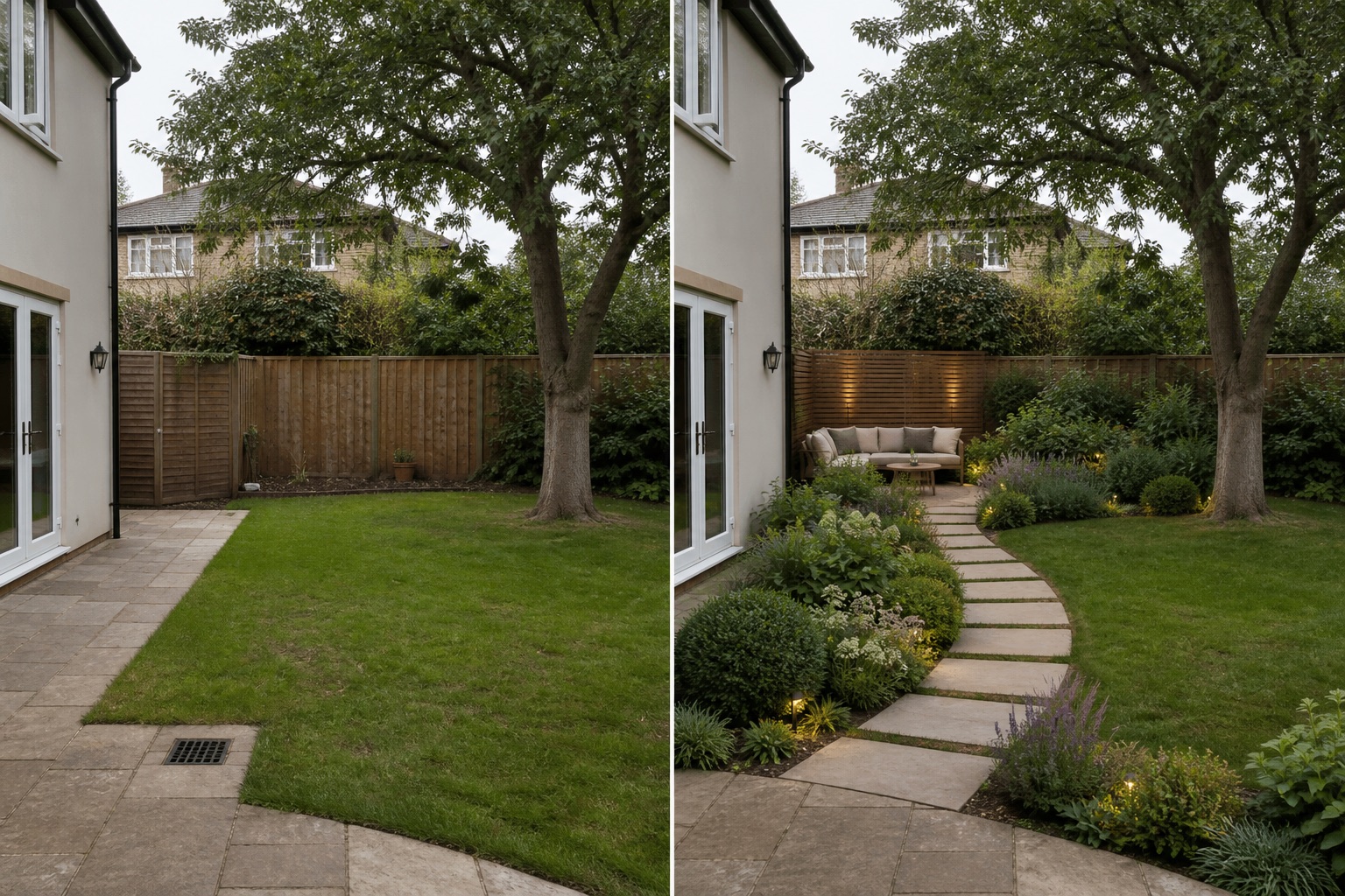 Before-and-after AI concept for how to compare AI garden designs showing the same space and camera position with fixed conditions retained