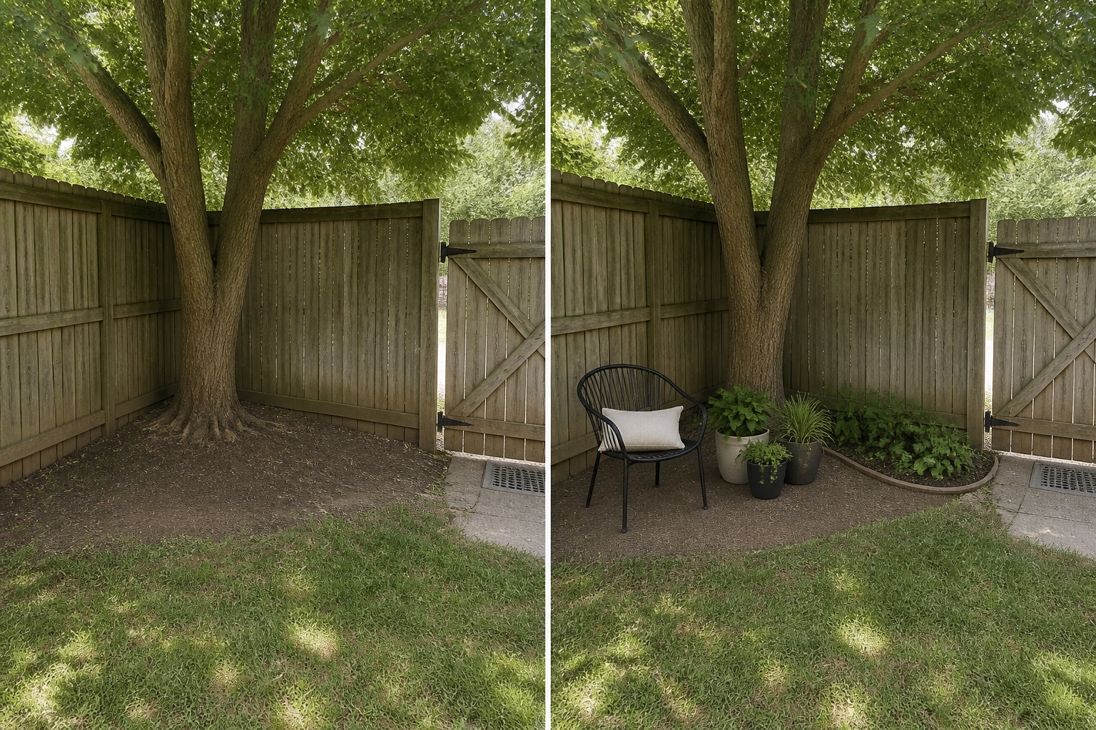 Before-and-after AI concept for corner garden ideas showing the same space and camera position with fixed conditions retained