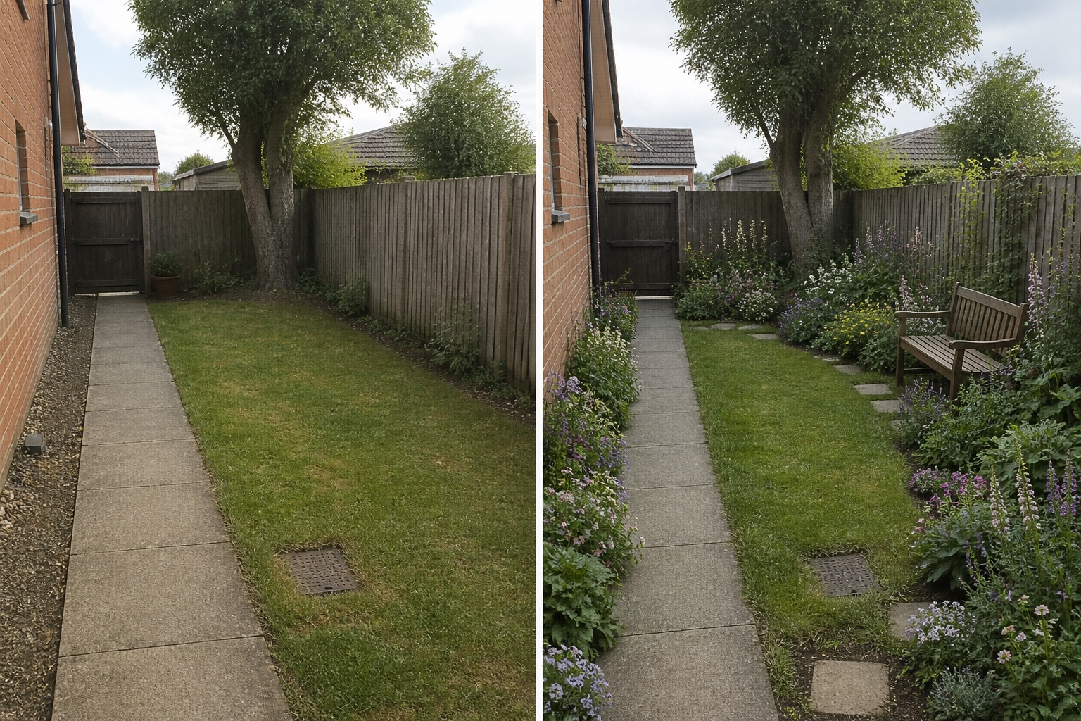 Before-and-after AI concept for cottage garden design ideas showing the same space and camera position with fixed conditions retained