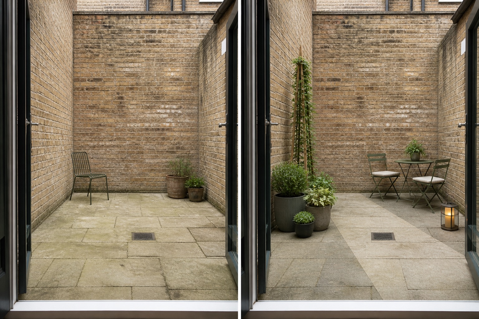 Before-and-after AI concept of the same enclosed brick courtyard from the same doorway, retaining the walls, paving and drain while adding a clear route, compact bistro seating, a freestanding trellis, grouped containers and a portable lantern