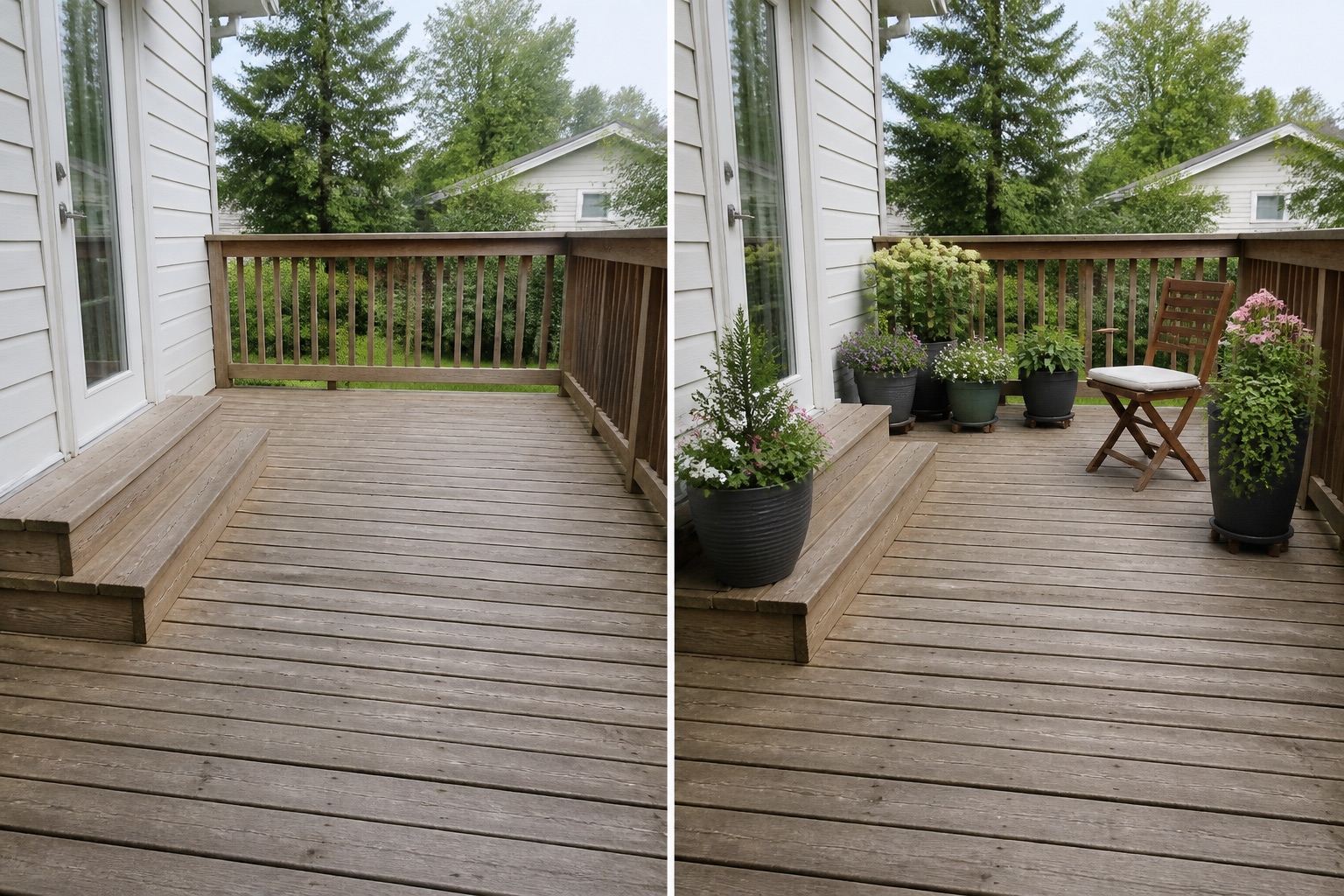 Before-and-after AI concept for deck garden ideas showing the same space and camera position with fixed conditions retained