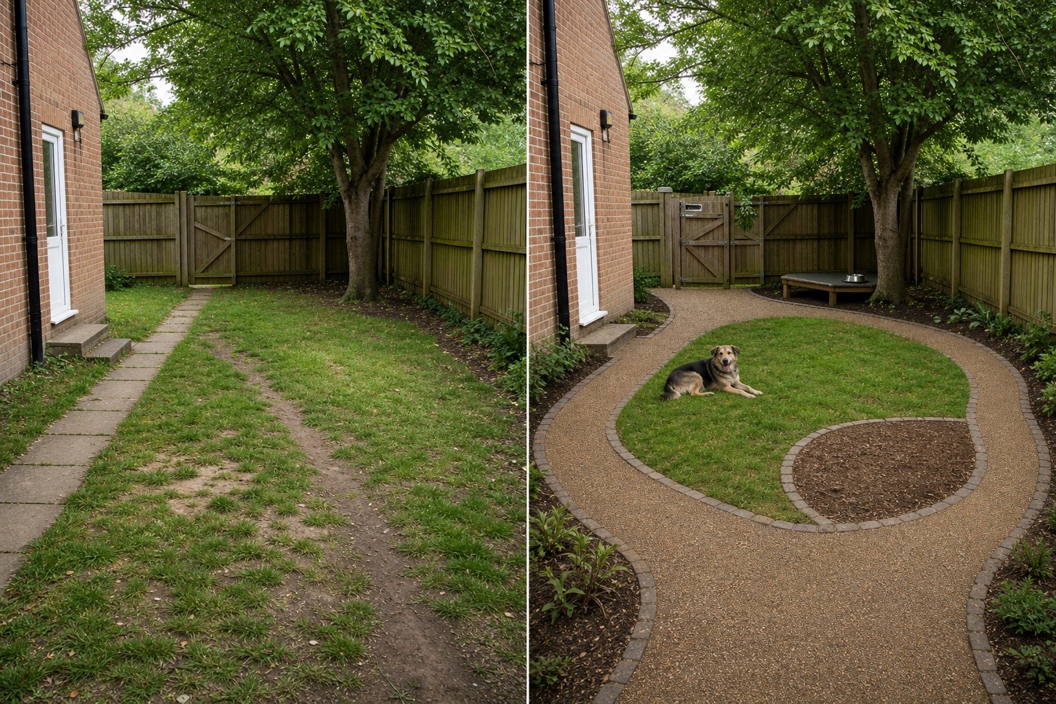 Before-and-after AI concept of the same fenced backyard from the same camera position, retaining the house, door, mature tree, fence, gate, downspout, and lawn while adding a loop route, shaded resting platform, water bowl, digging zone, and gate pause area