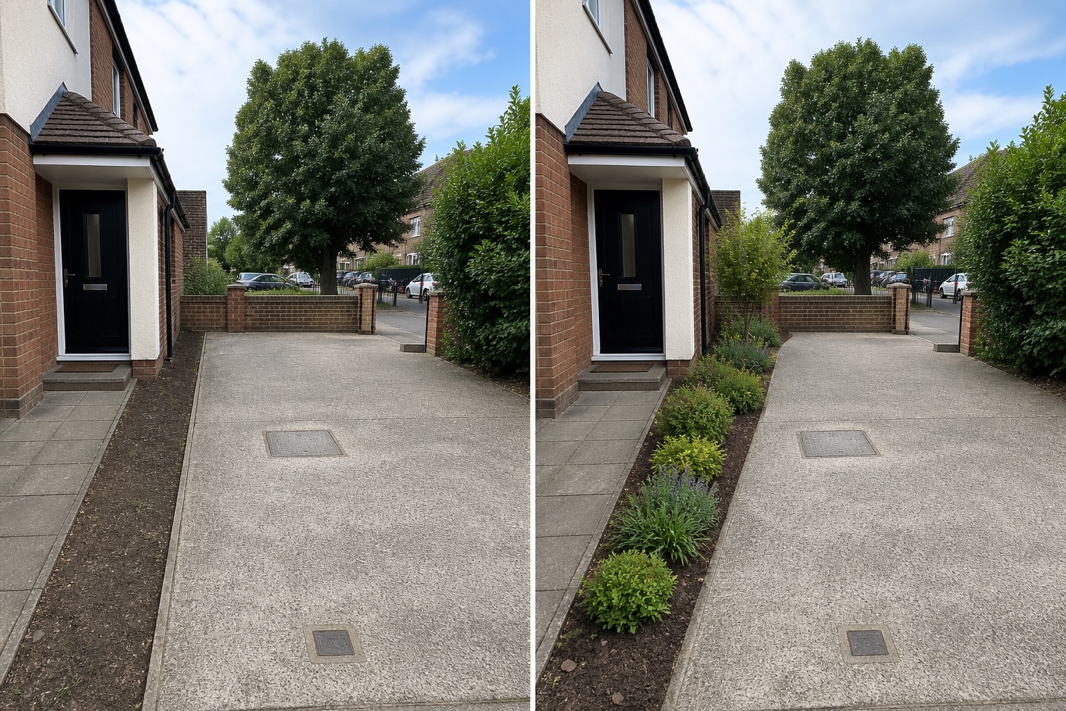 Before-and-after AI concept for driveway garden ideas showing the same space and camera position with fixed conditions retained
