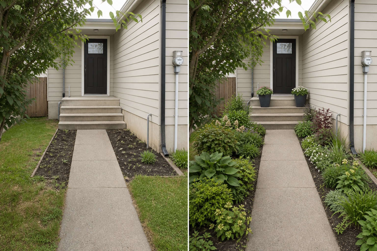 Before-and-after AI concept for entryway garden ideas showing the same space and camera position with fixed conditions retained