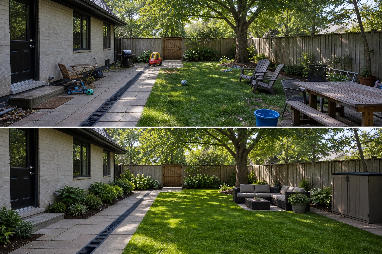 Before-and-after AI concept for family garden layout ideas showing the same space and camera position with fixed conditions retained