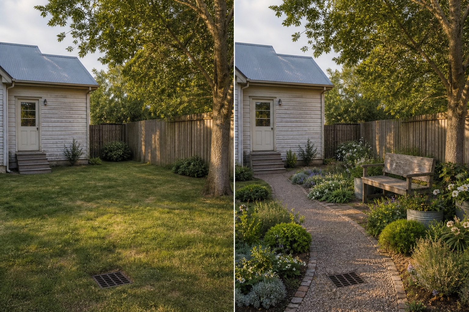 Before-and-after AI concept for farmhouse garden design ideas showing the same space and camera position with fixed conditions retained