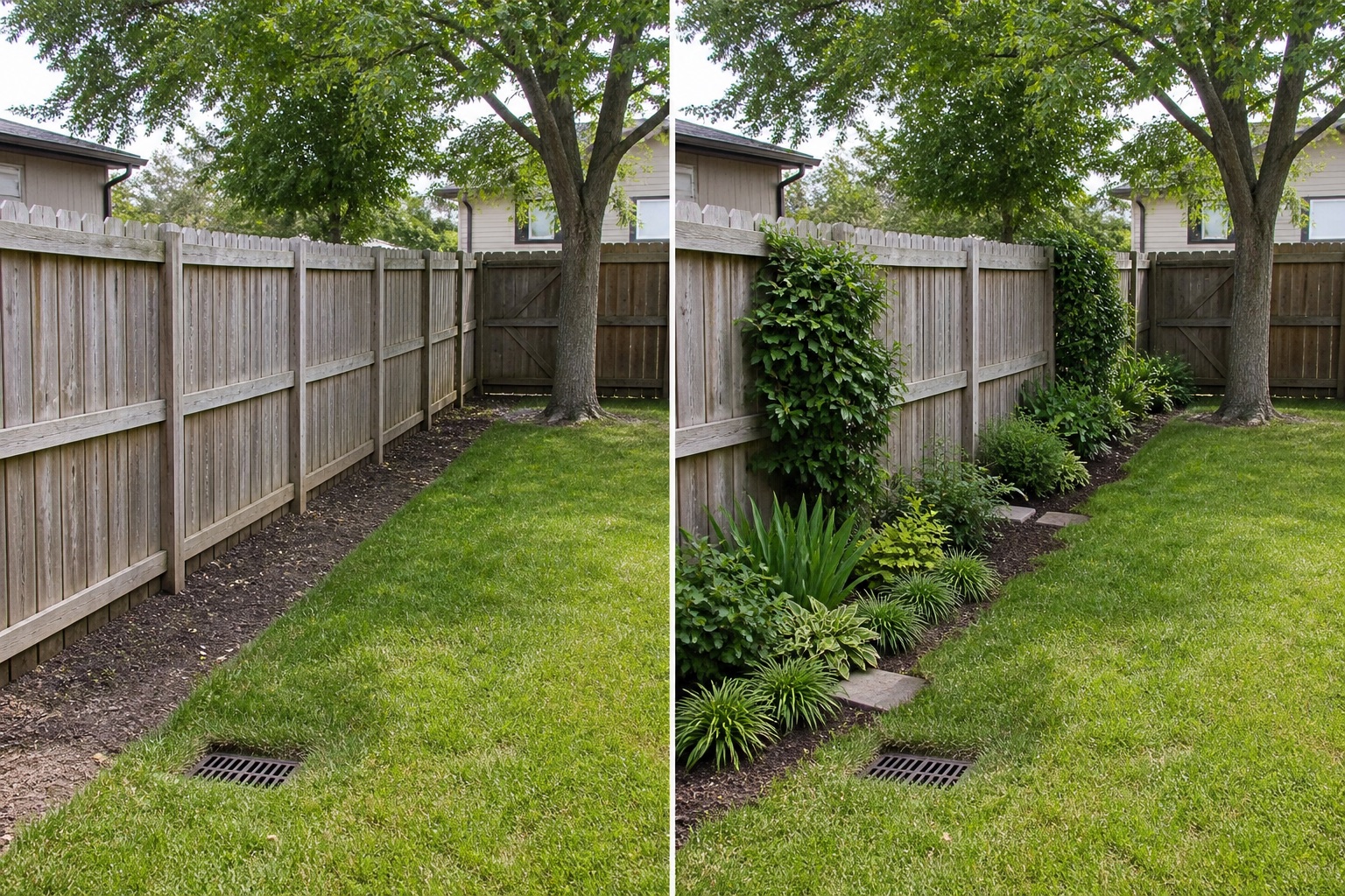 Before-and-after AI concept for fence line landscaping ideas showing the same space and camera position with fixed conditions retained