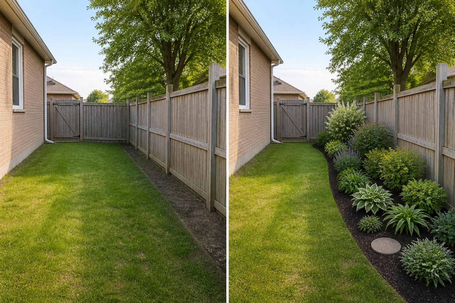 Before-and-after AI concept for flower bed layout ideas showing the same space and camera position with fixed conditions retained