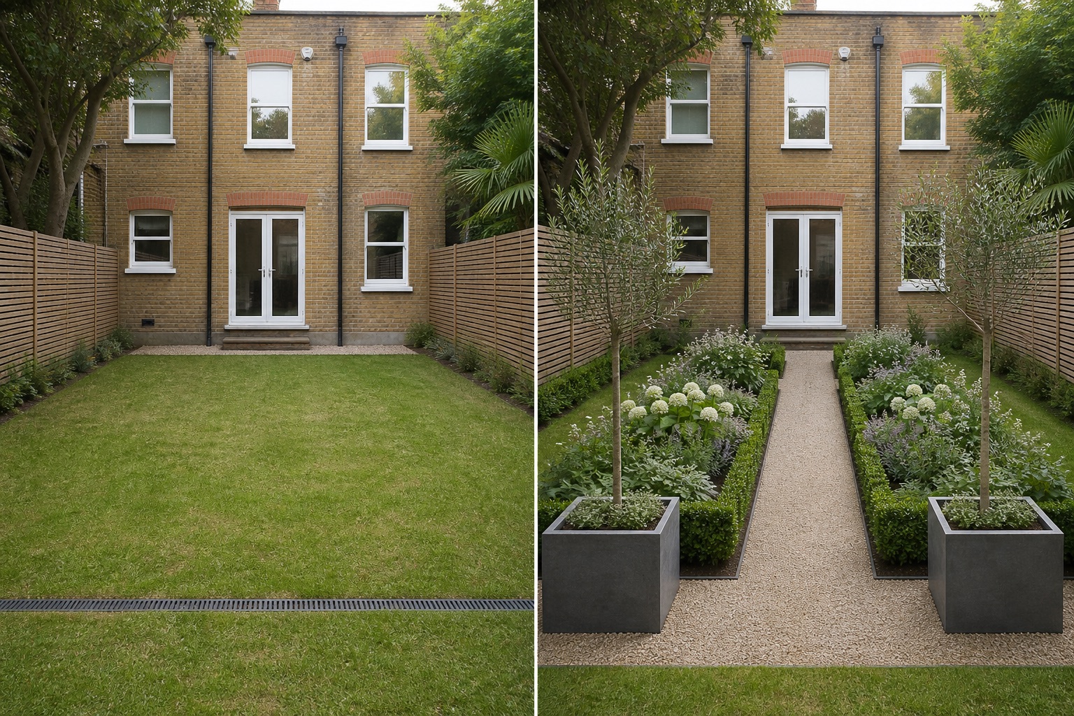 Before-and-after AI concept for formal garden design ideas showing the same space and camera position with fixed conditions retained