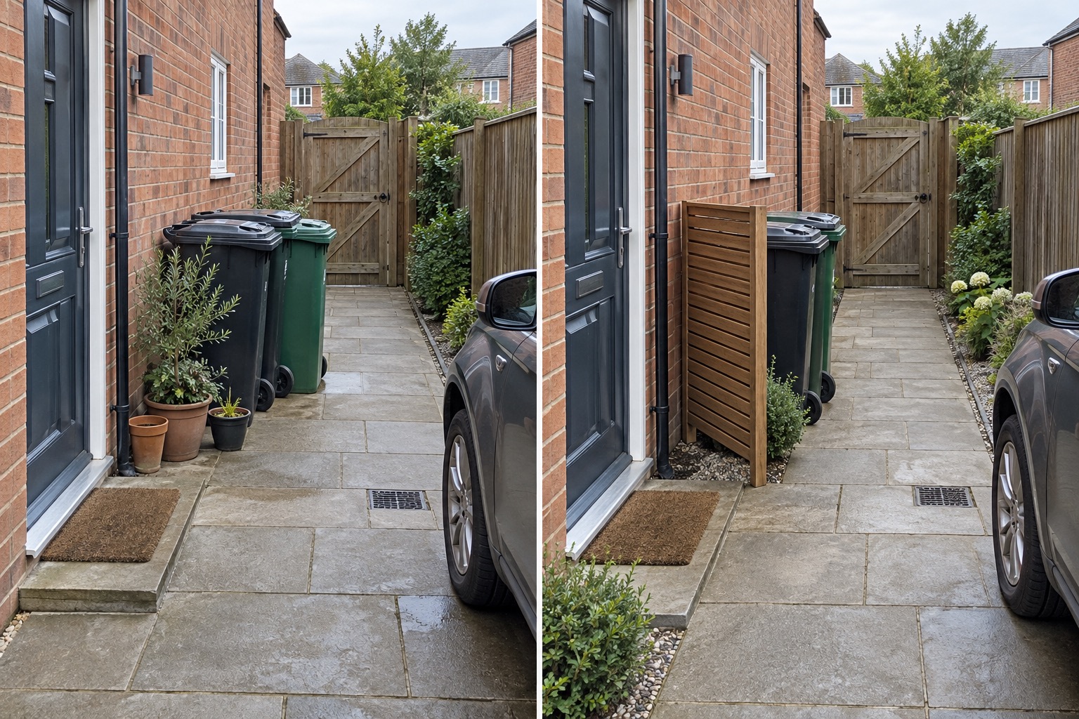 Before-and-after AI concept of the same front-side garden keeping two bins, entrance, gate, driveway and drain while clearing the rolling route