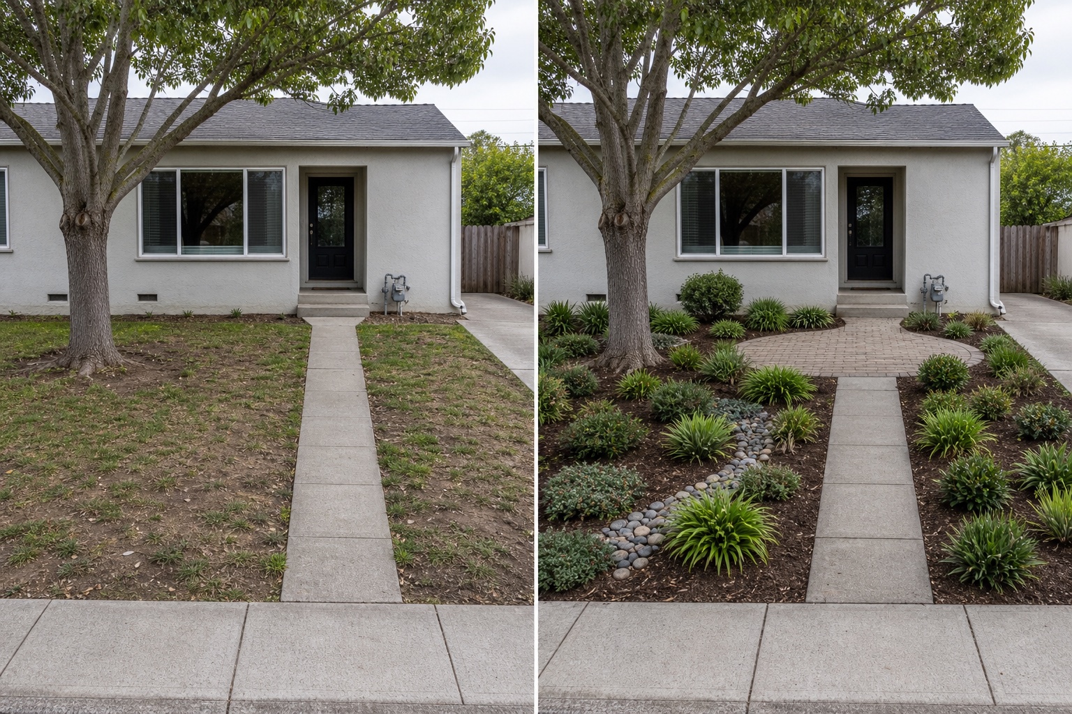 Before-and-after AI concept of the same front yard from the same sidewalk camera position, retaining the house, mature tree, entrance path, driveway, meter, downspout, and public sidewalk while adding layered planting and a small paved focal area