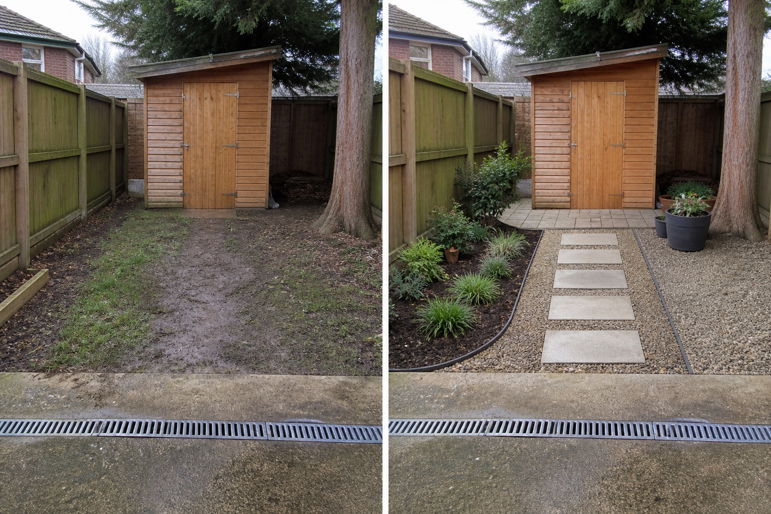Before-and-after AI concept for garden around shed ideas showing the same space and camera position with fixed conditions retained