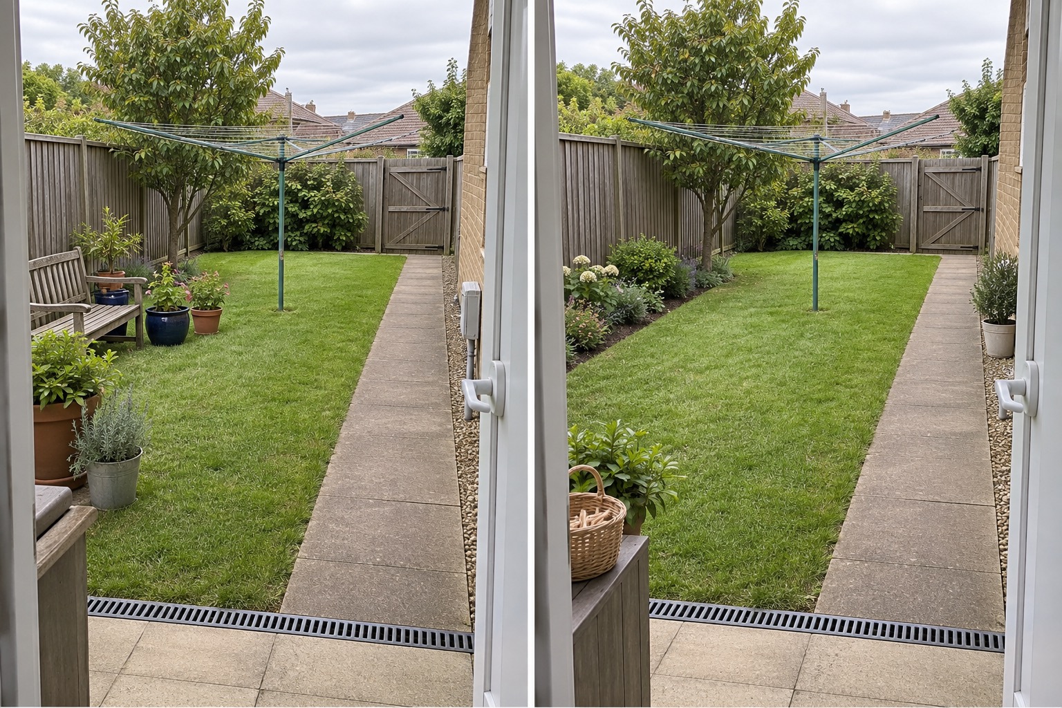 Before-and-after AI concept of the same backyard keeping its rotary clothesline, path, gate, lawn and drain while clearing the work route