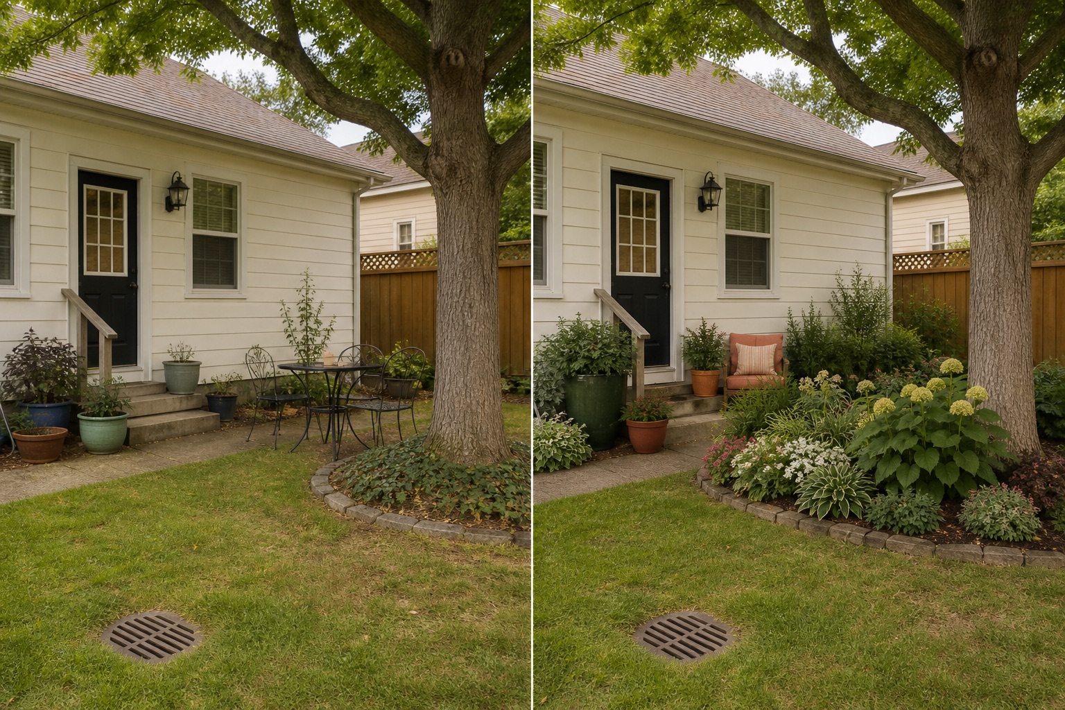 Before-and-after AI concept for garden color palette ideas showing the same space and camera position with fixed conditions retained