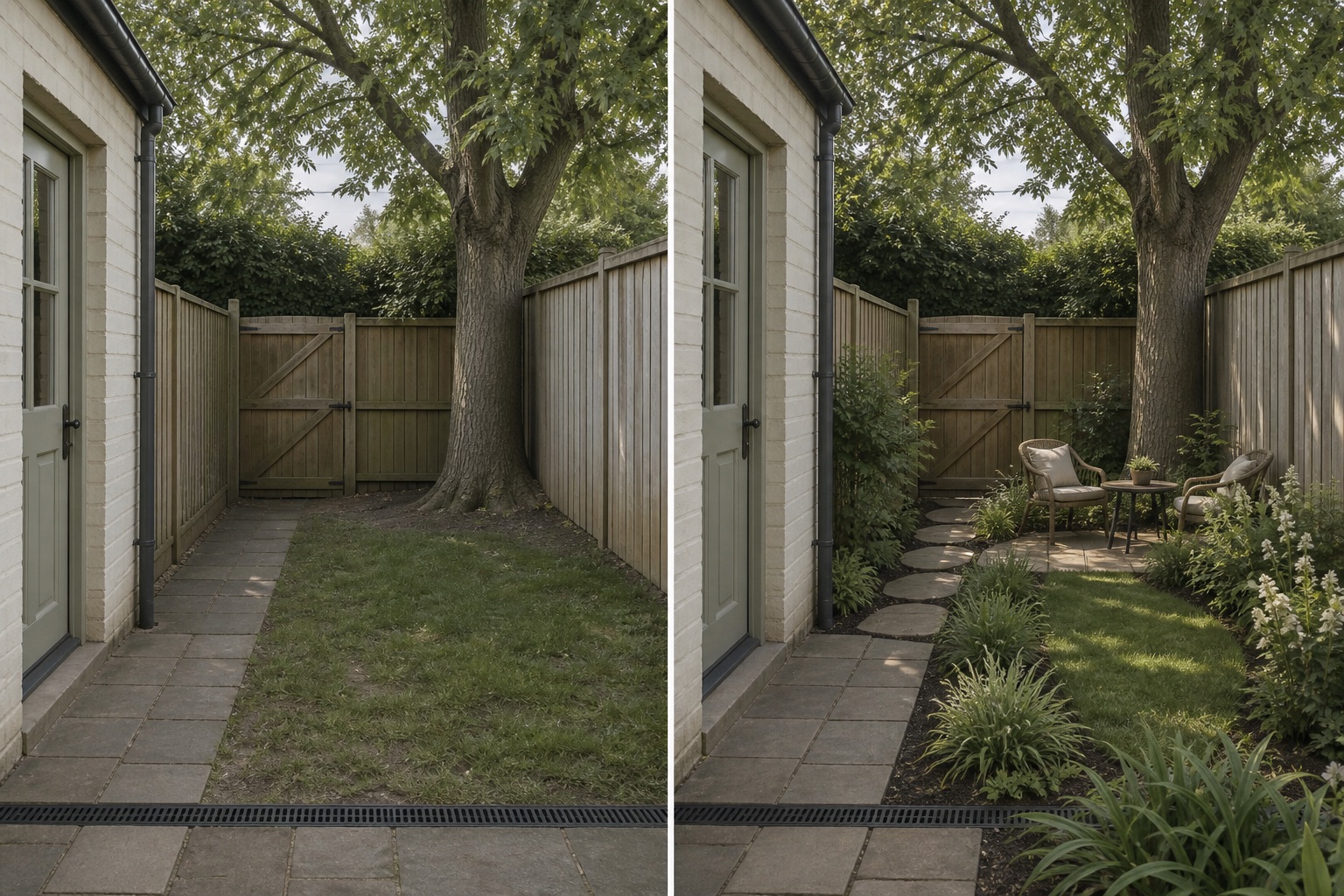 Before-and-after AI concept for garden design brief template showing the same space and camera position with fixed conditions retained