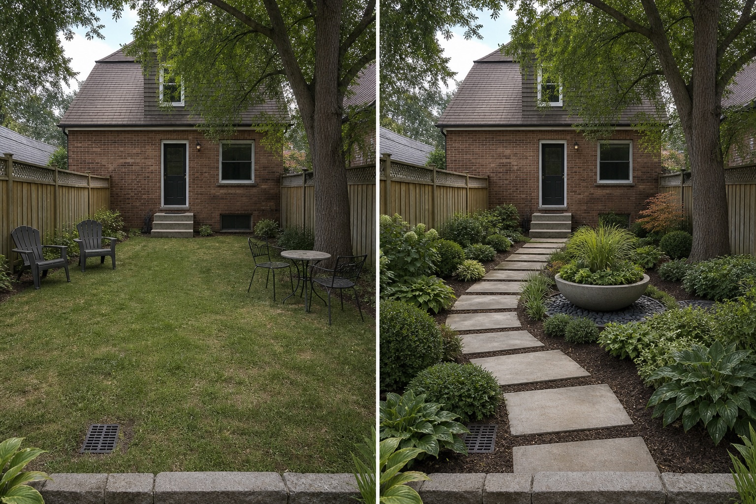 Before-and-after AI concept for garden focal point ideas showing the same space and camera position with fixed conditions retained