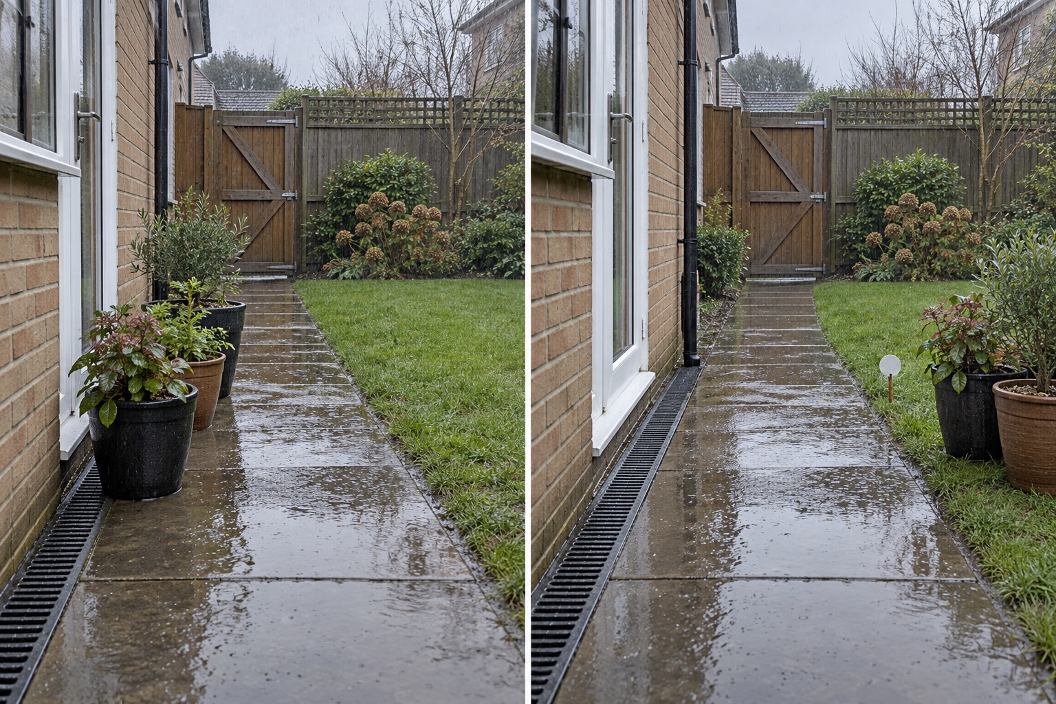 Before-and-after AI concept of the same rainy garden keeping its wet path, downpipe, drain, gate and levels while moving pots aside for observation