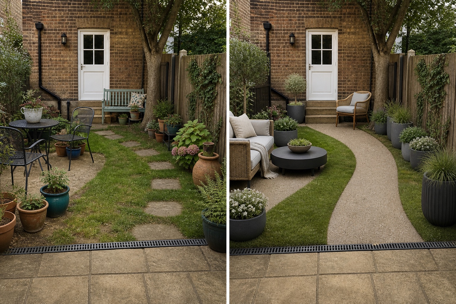 Before-and-after AI concept for garden material palette ideas showing the same space and camera position with fixed conditions retained
