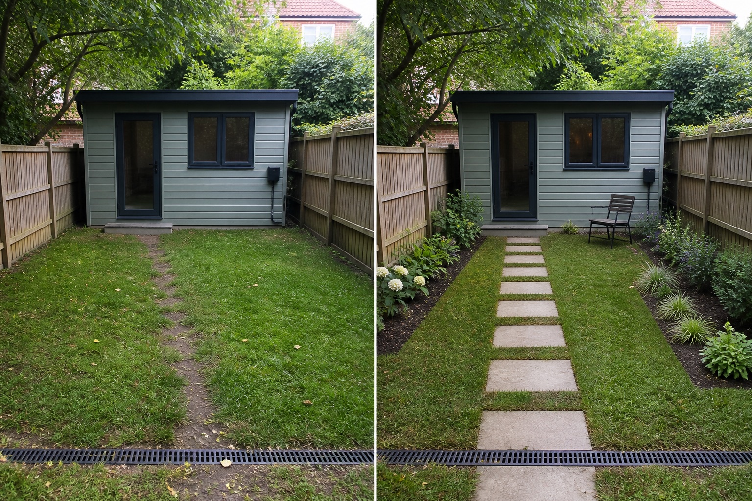 Before-and-after AI concept for garden office landscaping ideas showing the same space and camera position with fixed conditions retained