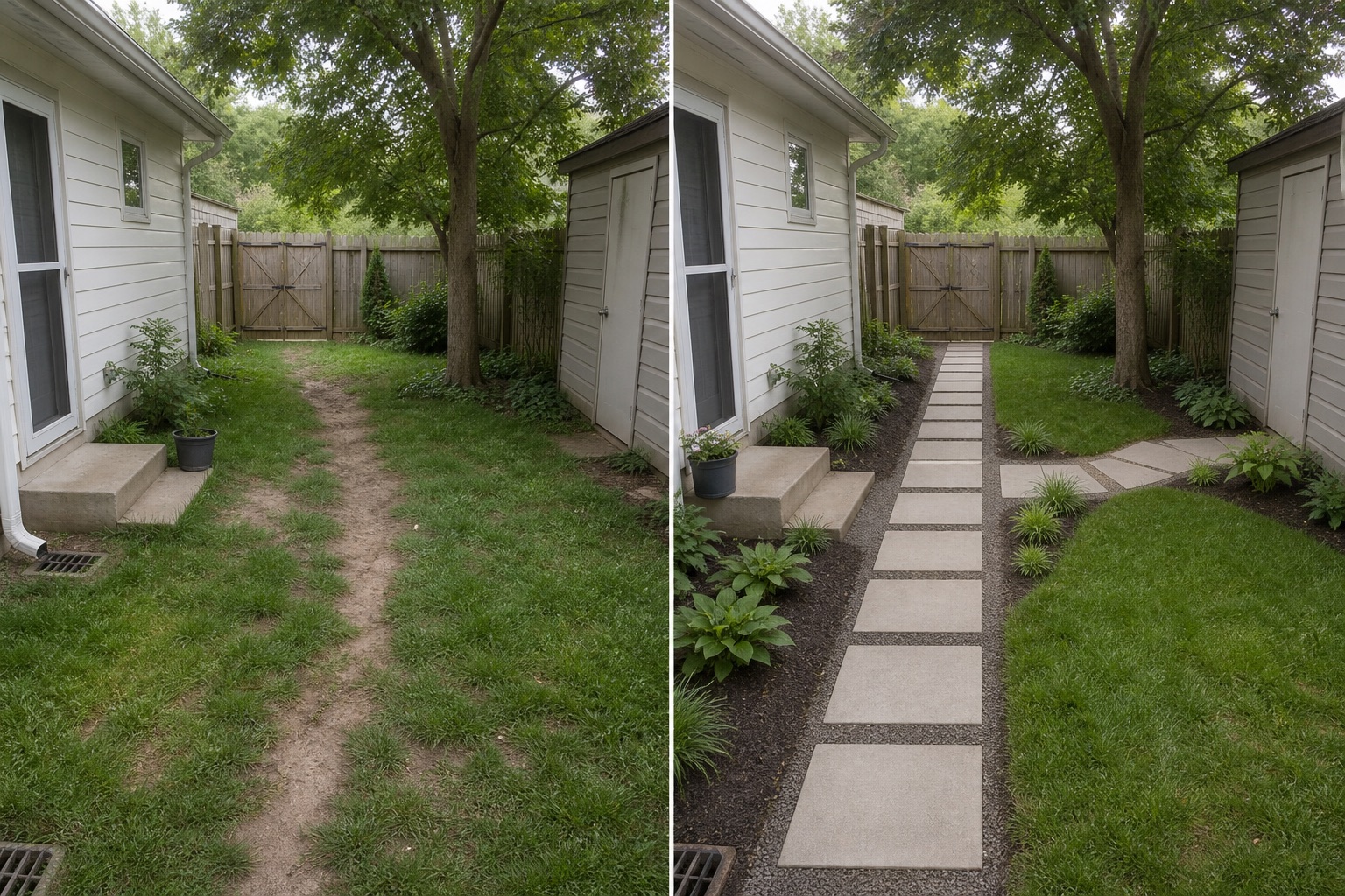 Before-and-after AI concept for garden path layout ideas showing the same space and camera position with fixed conditions retained
