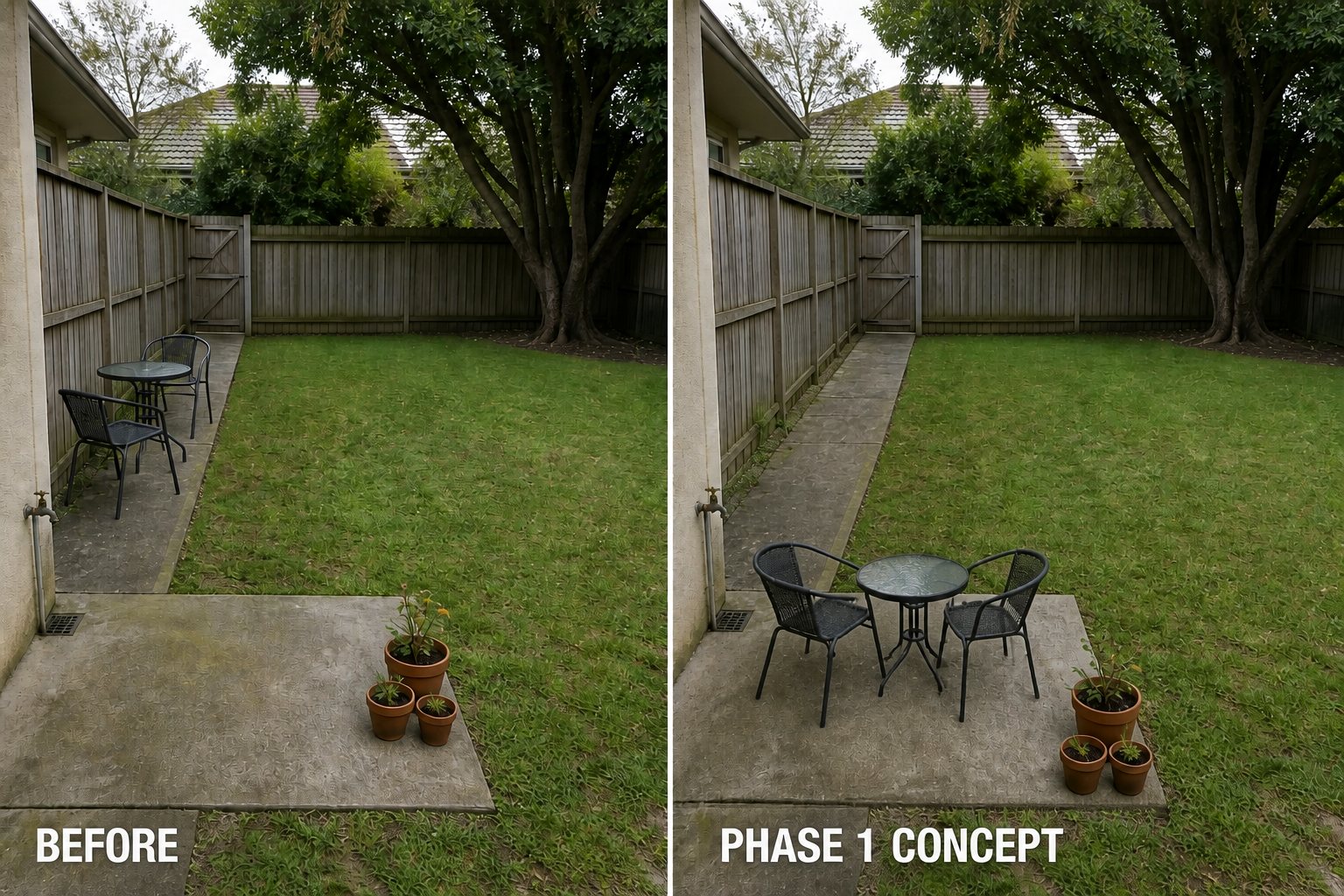 Before-and-after AI concept for garden redesign in phases showing the same space and camera position with fixed conditions retained
