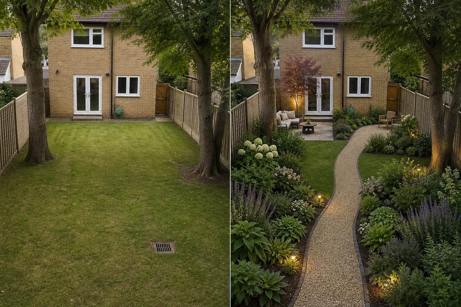 Before-and-after AI concept for garden room layout ideas showing the same space and camera position with fixed conditions retained