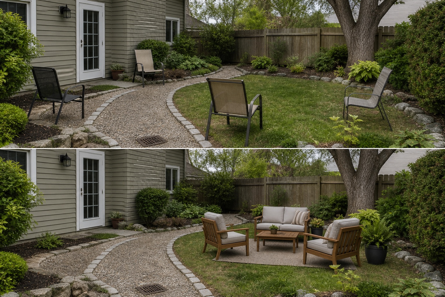 Before-and-after AI concept for garden seating placement ideas showing the same space and camera position with fixed conditions retained