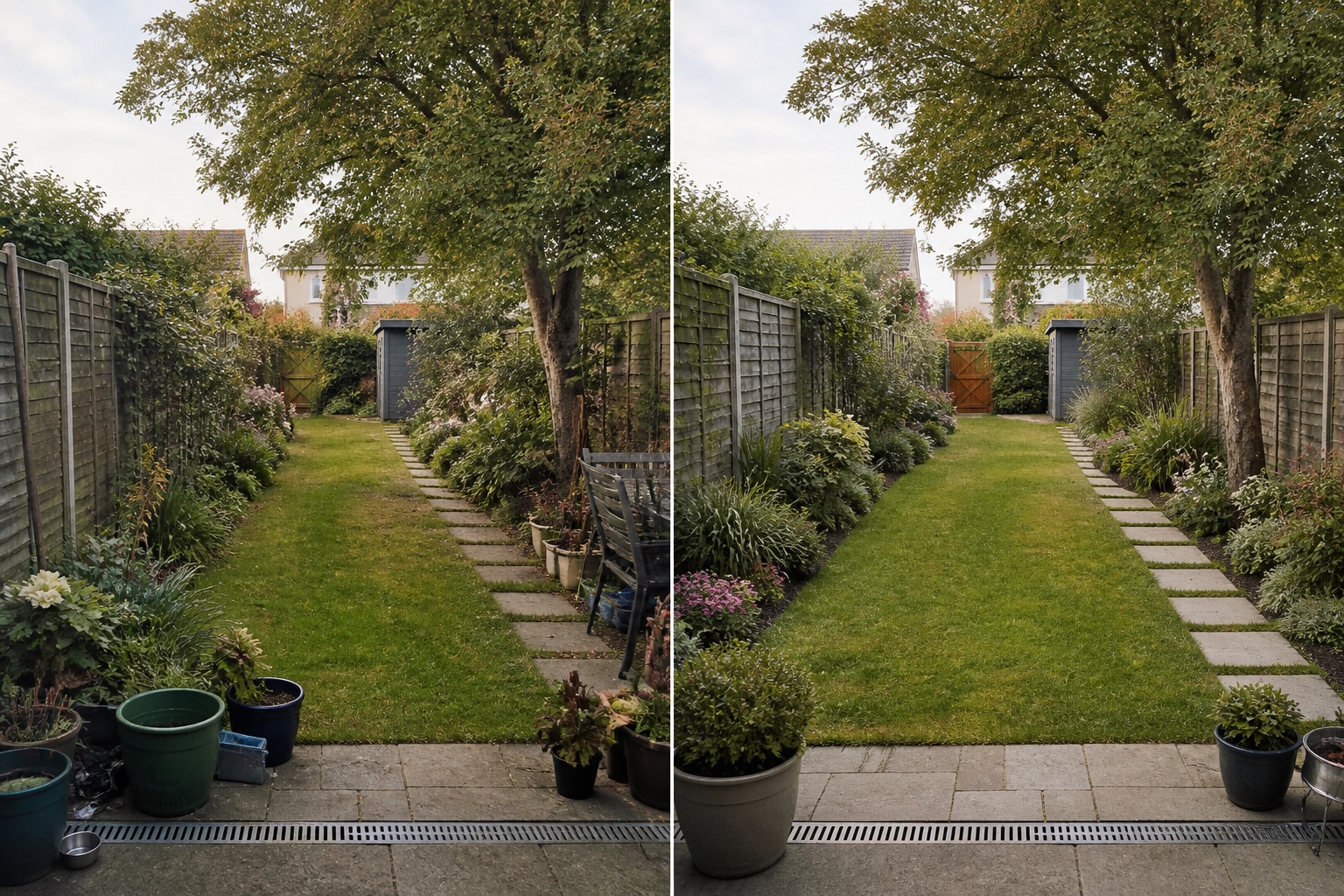 Before-and-after AI concept for garden sightline ideas showing the same space and camera position with fixed conditions retained
