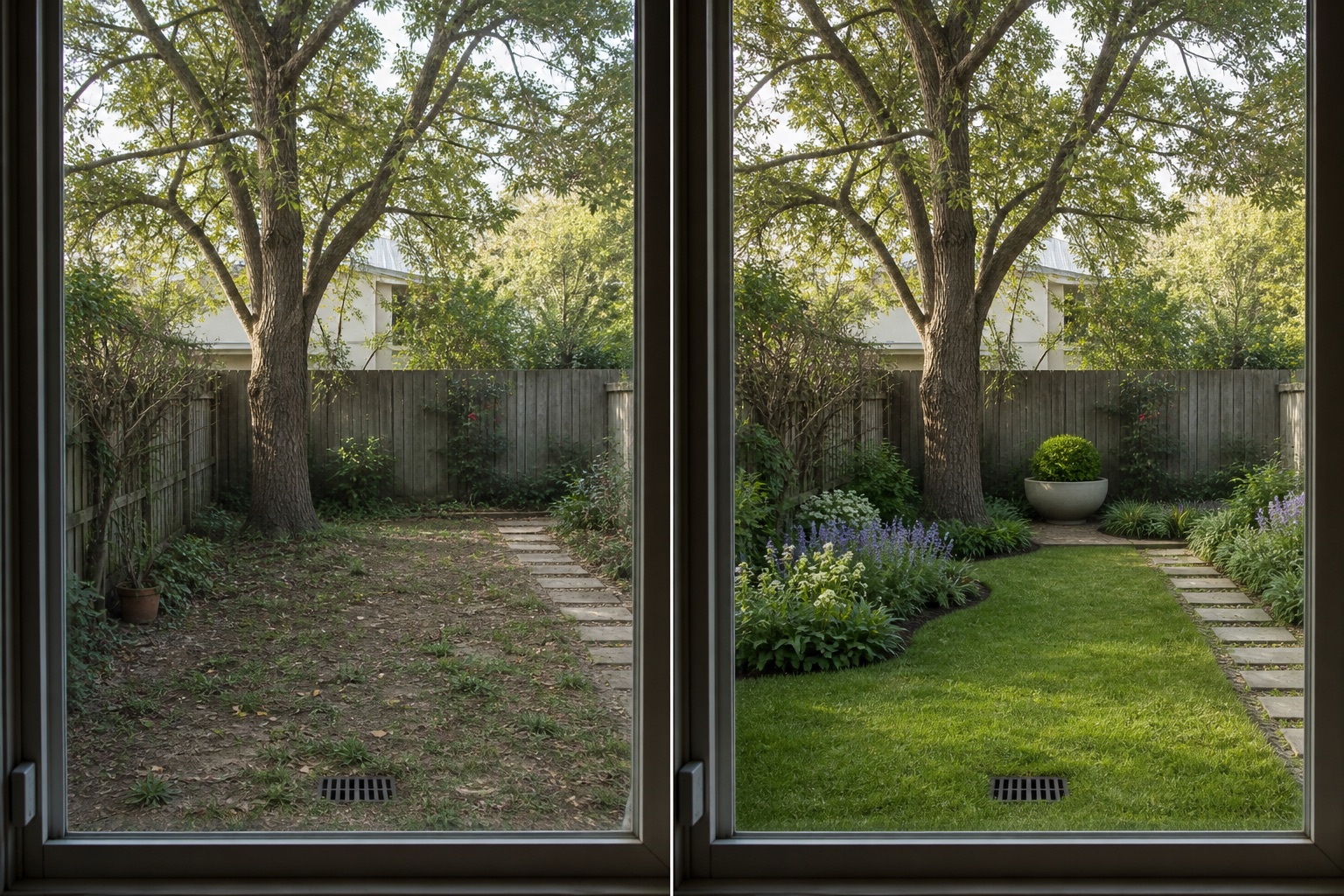 Before-and-after AI concept for garden view from window ideas showing the same space and camera position with fixed conditions retained