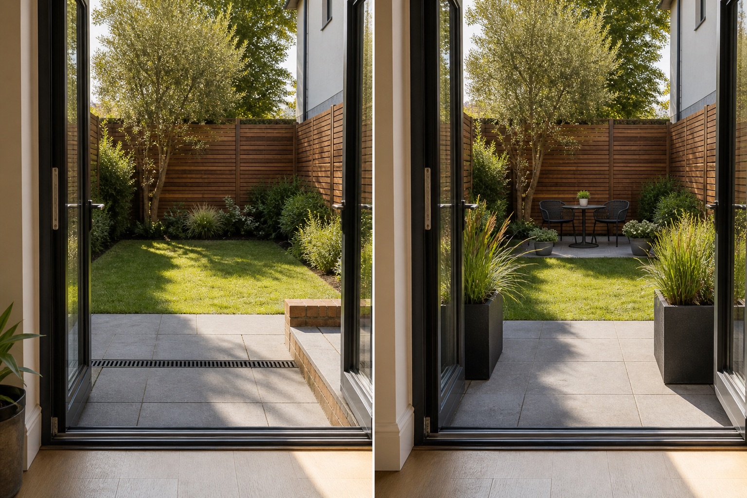 Before-and-after AI concept for indoor outdoor garden transition ideas showing the same space and camera position with fixed conditions retained