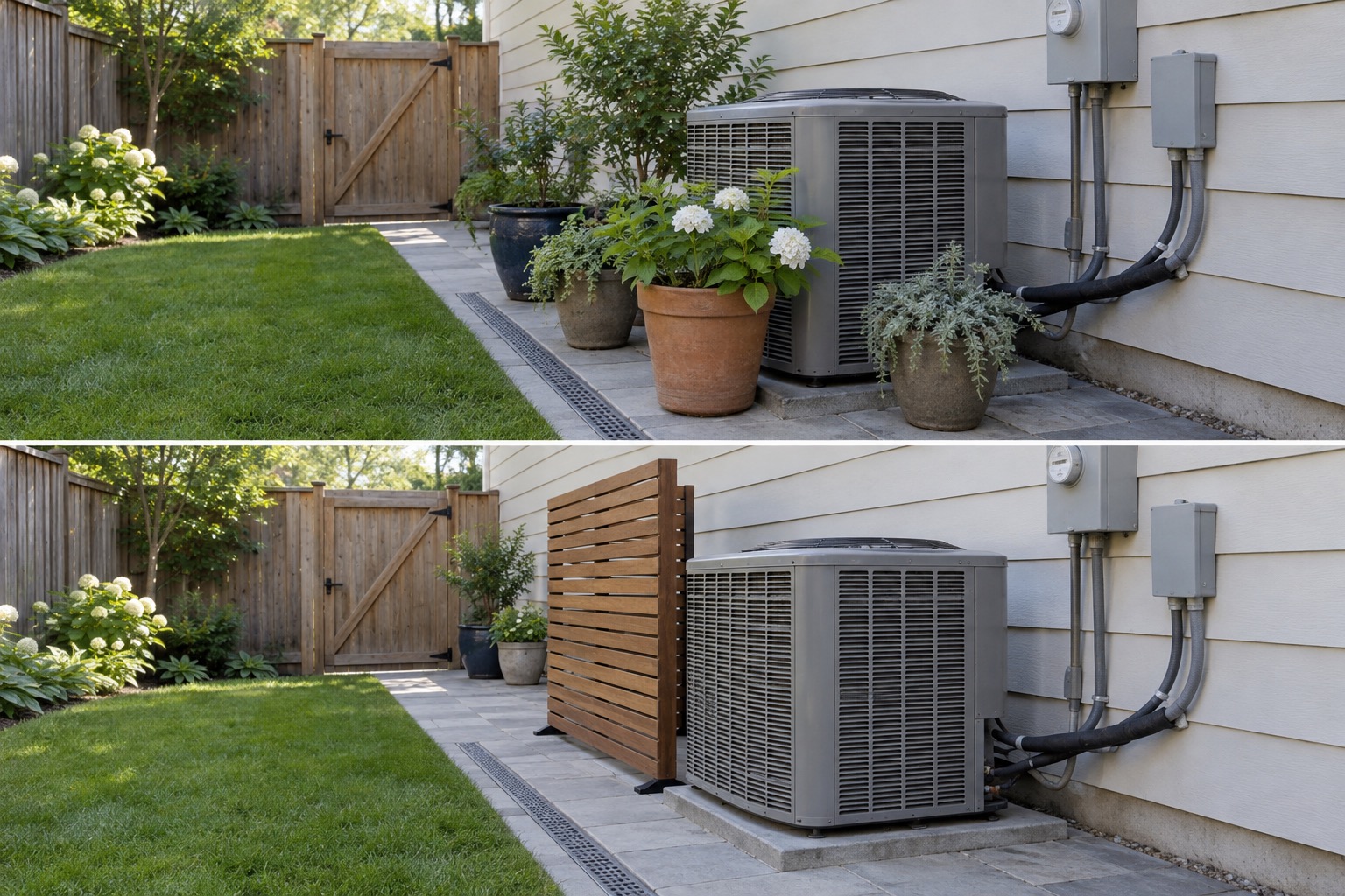 Before-and-after AI concept of the same backyard keeping its air-conditioning unit, services, path and drain while moving pots and testing one offset screen