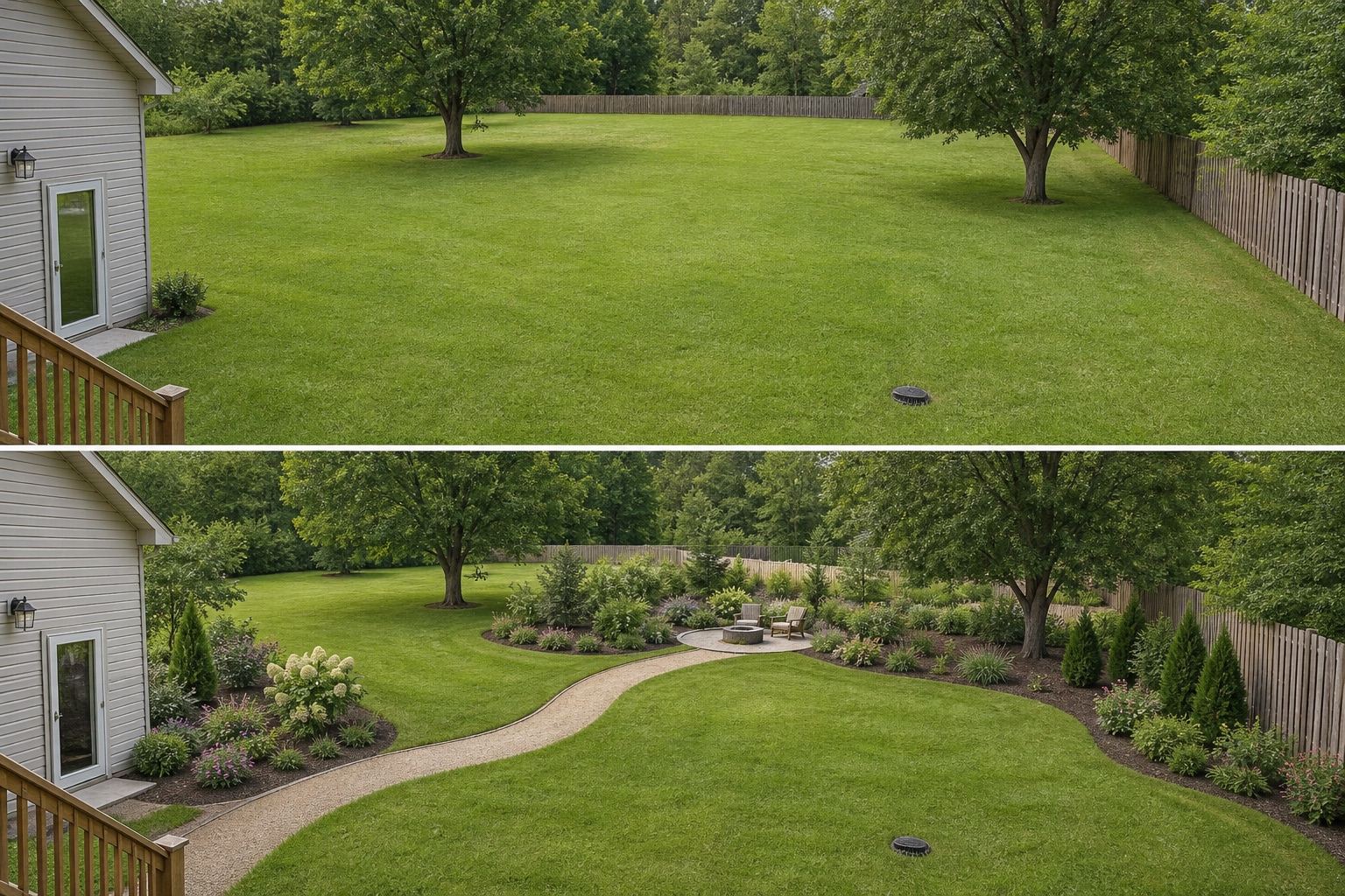 Before-and-after AI concept for large backyard layout ideas showing the same space and camera position with fixed conditions retained