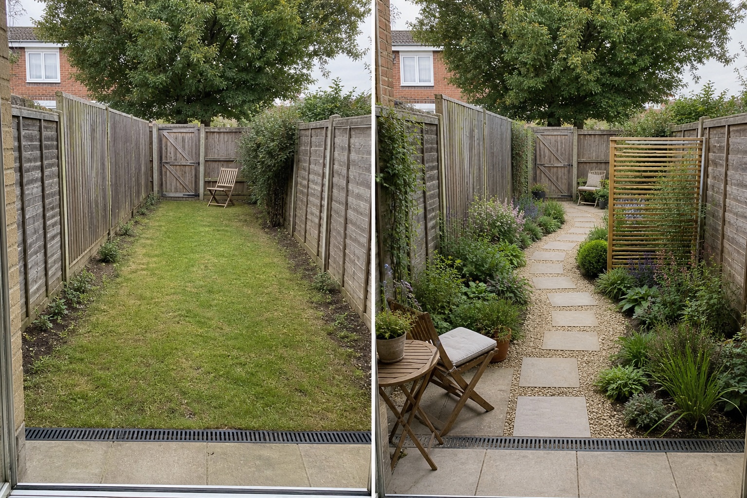 Before-and-after AI concept of the same long narrow fenced rear garden from the same doorway, retaining the gate, fences, tree, level and drain while adding an offset path, two connected use zones, layered edge planting and a freestanding screen