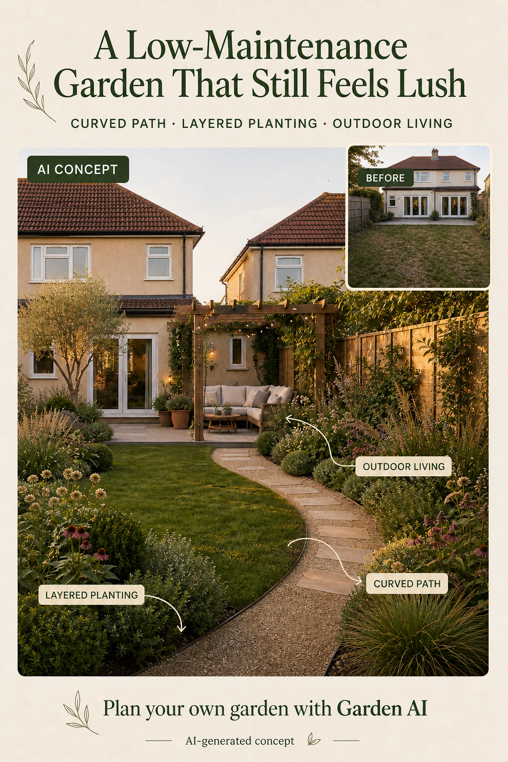 AI-generated concept showing a low-maintenance backyard with layered planting