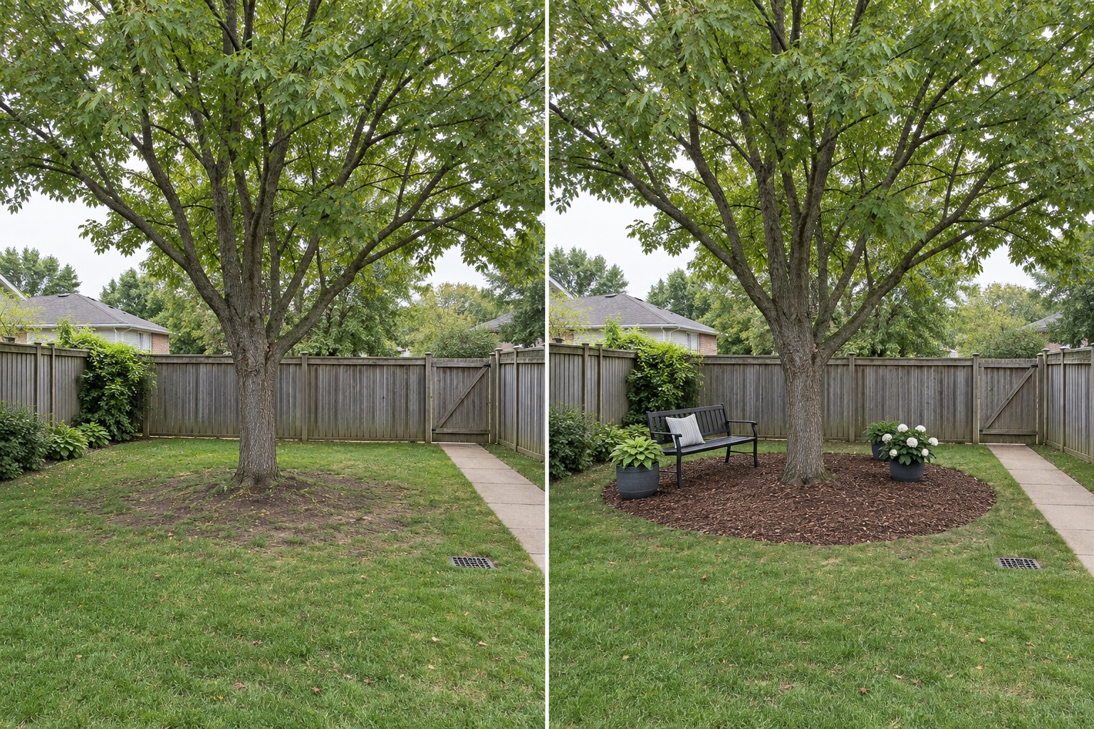 Before-and-after AI concept of the same backyard retaining a mature tree, path, gate and drain while testing a reversible seating layout