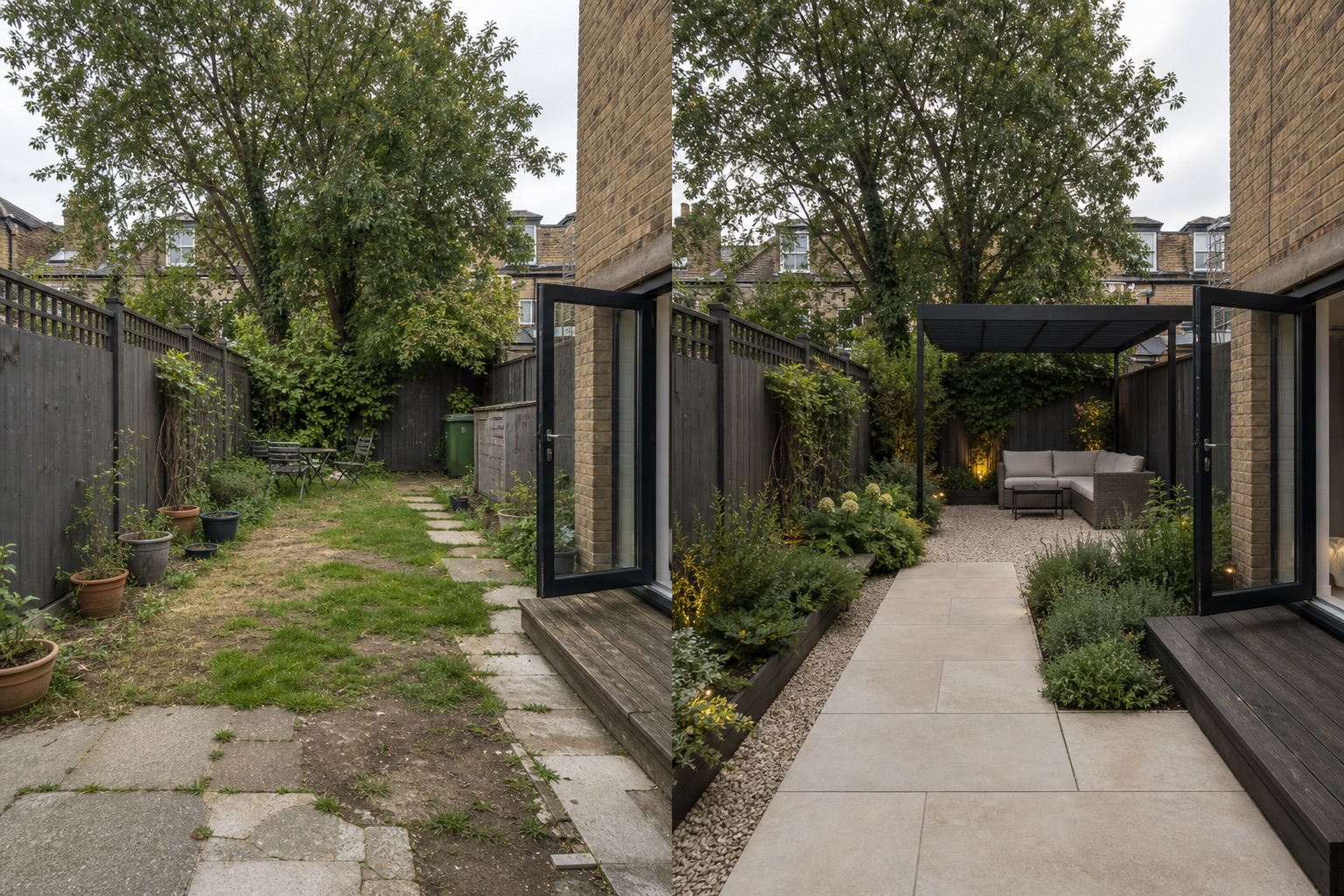 Before-and-after AI concept of the same compact backyard from the same camera angle, redesigned with a clear path, gravel, planting, and shaded seating