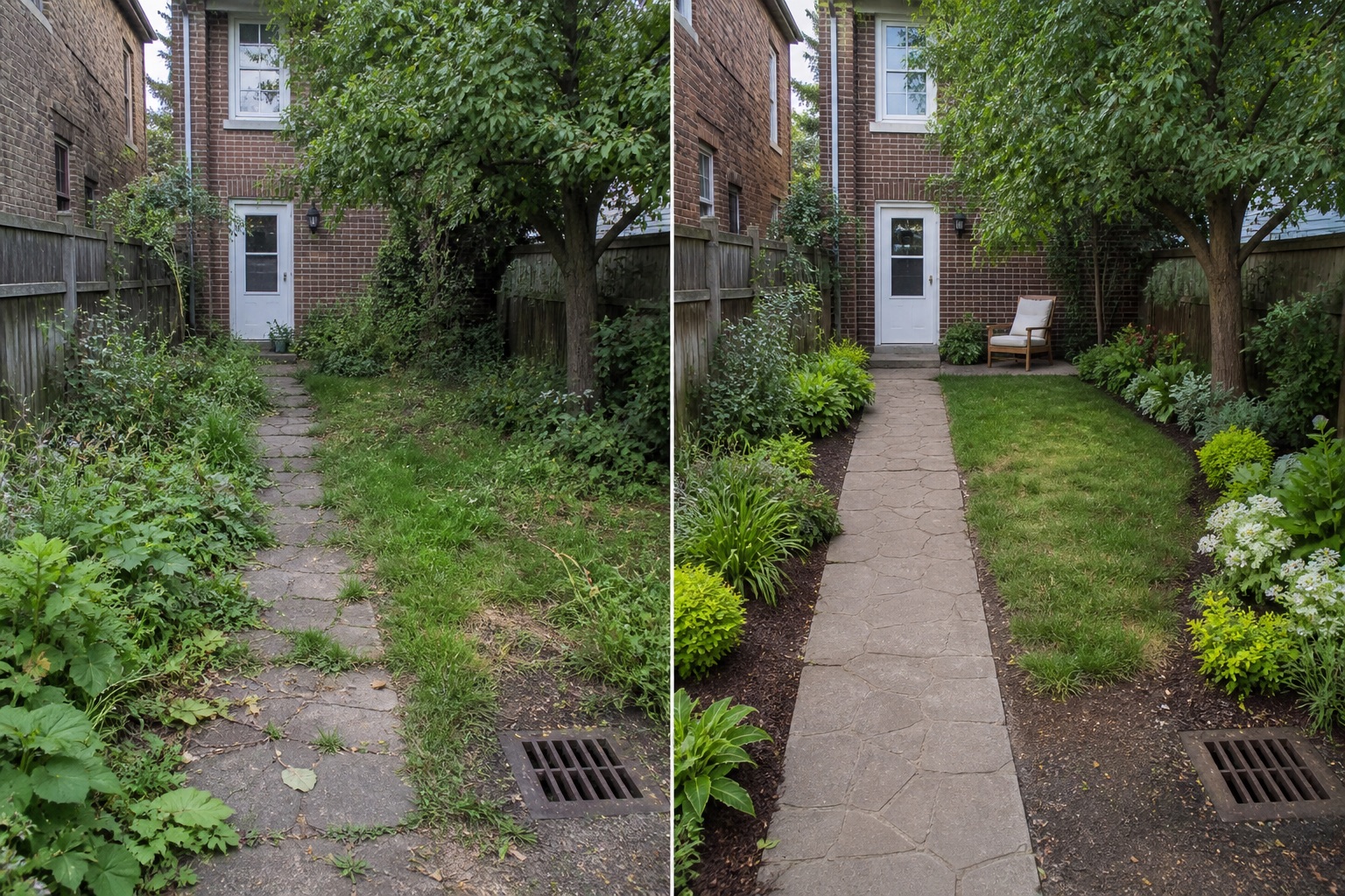 Before-and-after AI concept for neglected garden makeover ideas showing the same space and camera position with fixed conditions retained