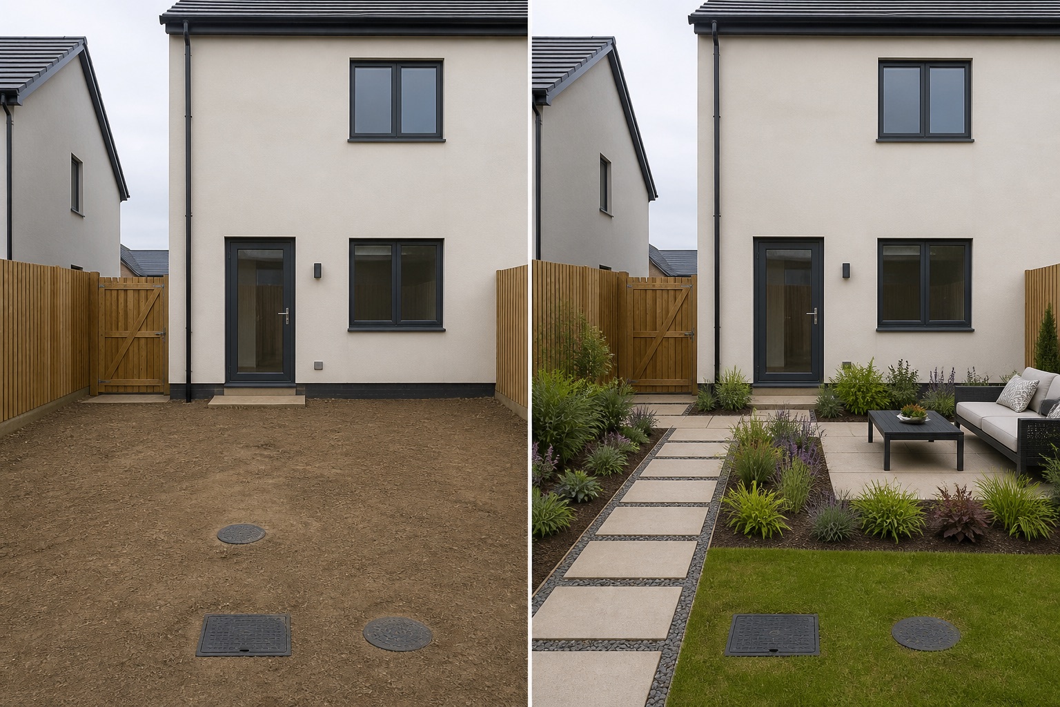 Before-and-after AI concept for new build garden ideas showing the same space and camera position with fixed conditions retained