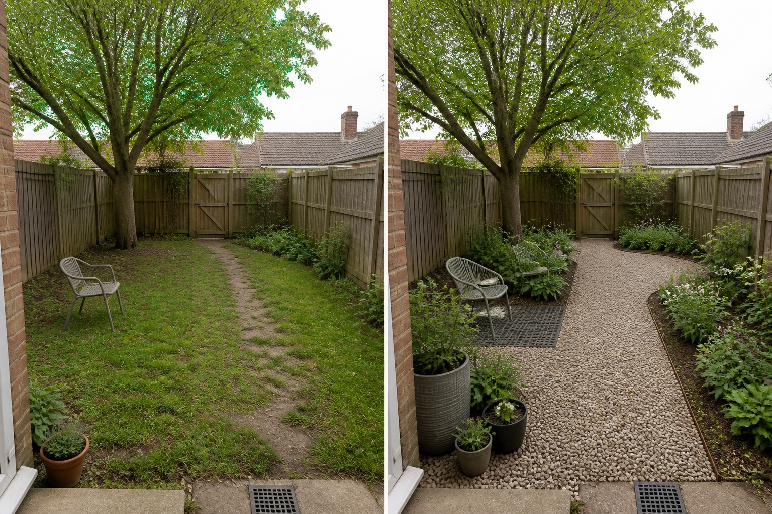 Before-and-after AI concept of the same fenced backyard from the same back door, retaining the mature tree, gate, drain and boundaries while replacing patchy lawn visually with a gravel route, layered edge beds, containers and a compact sitting point