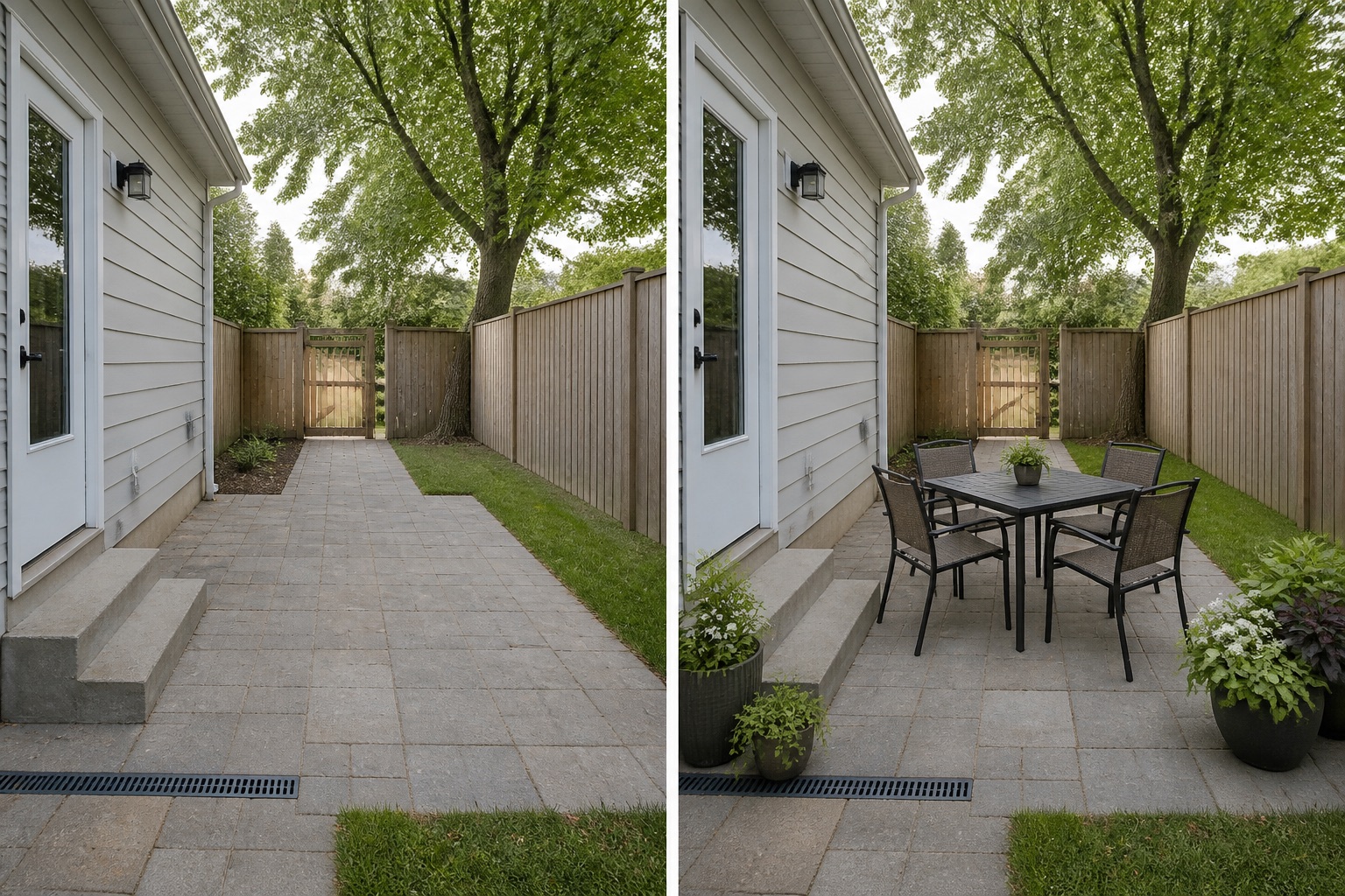 Before-and-after AI concept for outdoor dining garden ideas showing the same space and camera position with fixed conditions retained