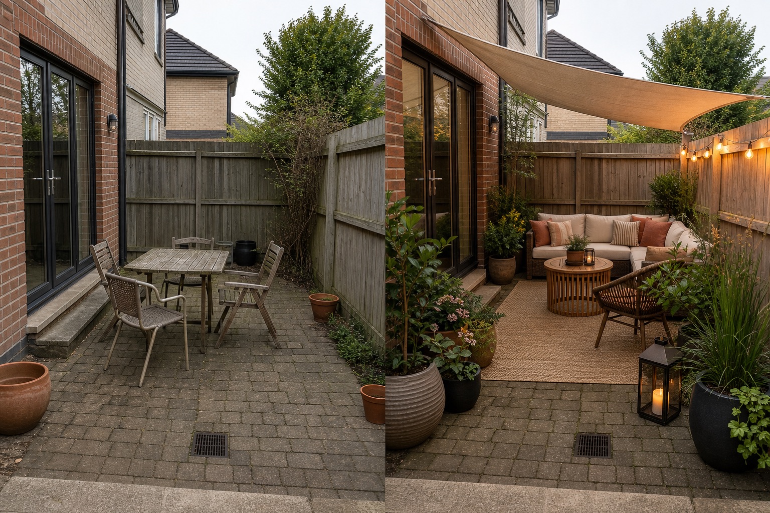 Before-and-after AI concept of the same small paved patio from the same camera angle, refreshed with grouped seating, movable planters, an outdoor rug, shade sail, and portable lighting