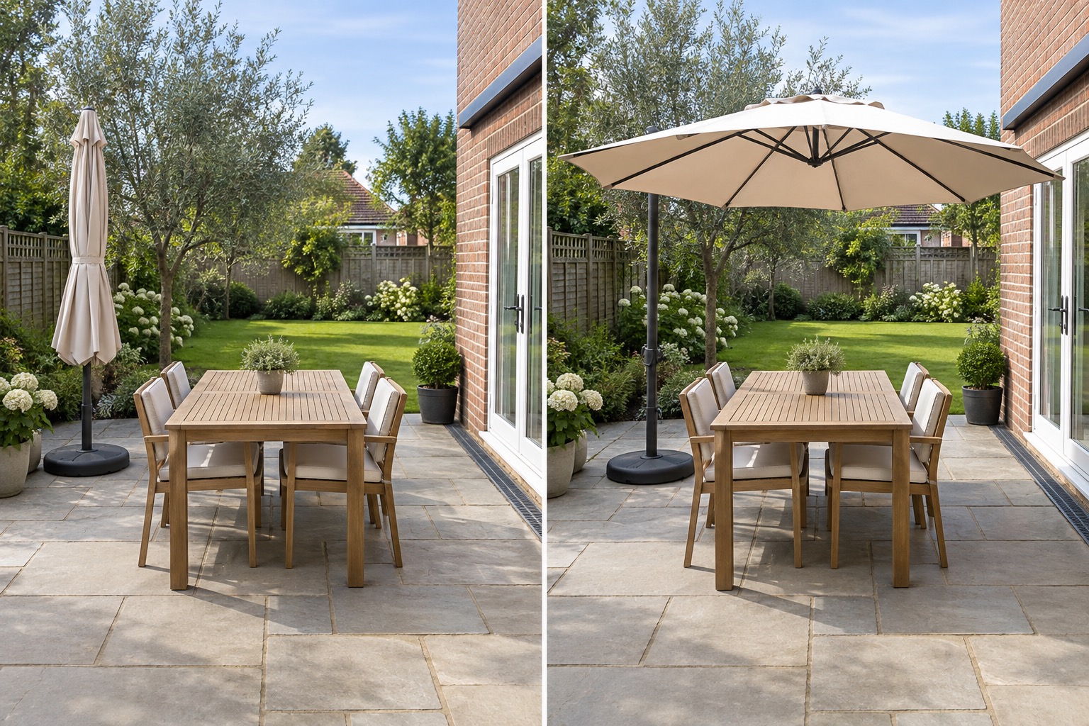 Before-and-after AI concept of the same patio keeping its table, door, drain and garden while opening the same freestanding umbrella