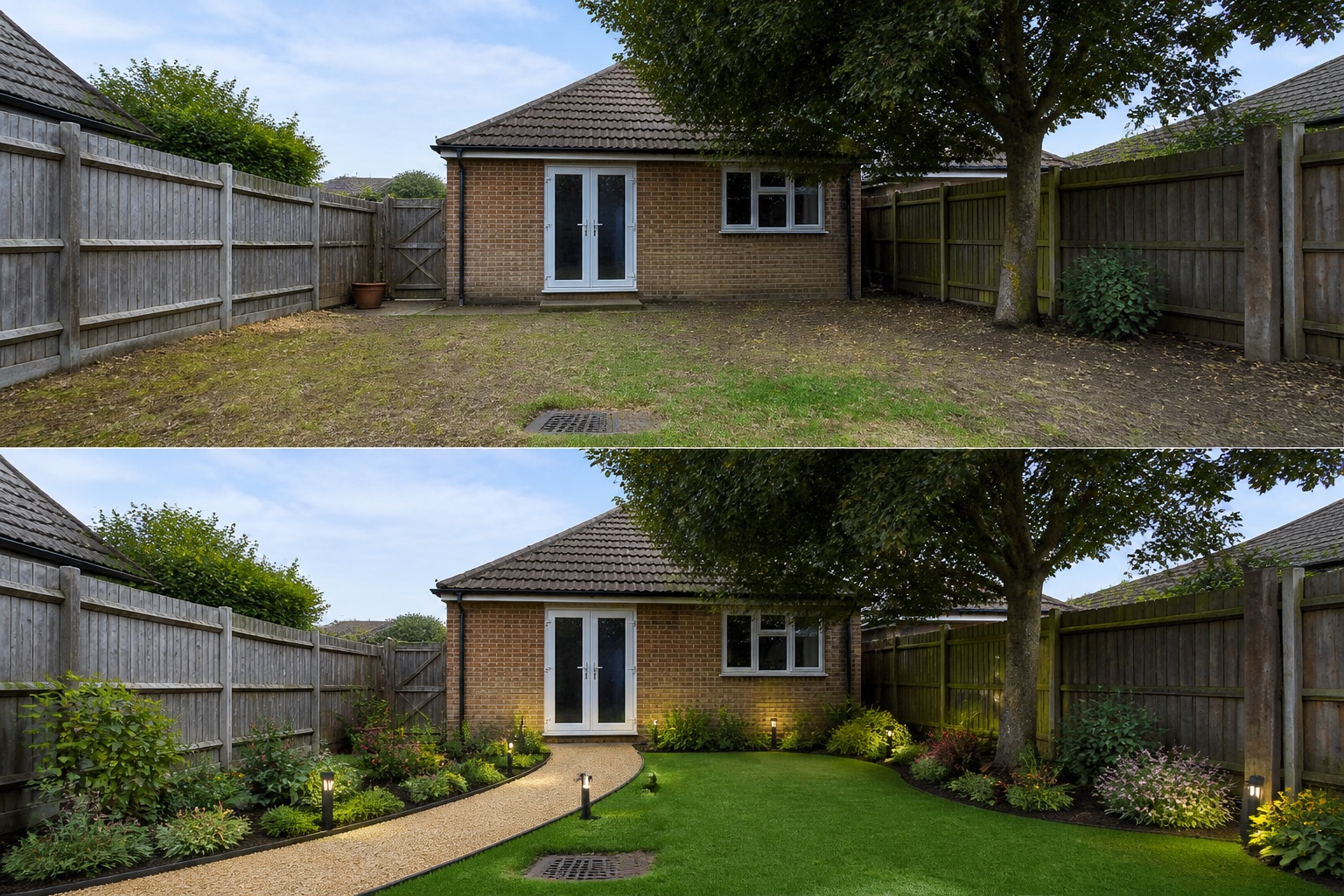 Before-and-after AI concept for how to photograph a garden for AI design showing the same space and camera position with fixed conditions retained