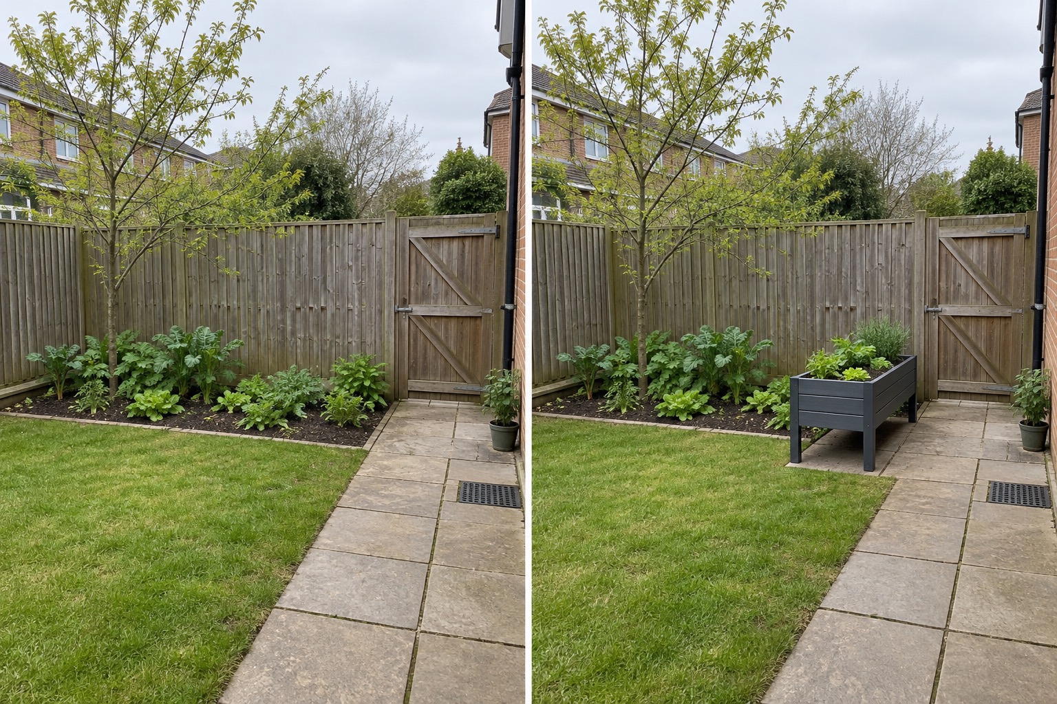 Before-and-after AI concept of the same garden keeping an in-ground bed, path, tree, gate and drain while adding one portable raised planter