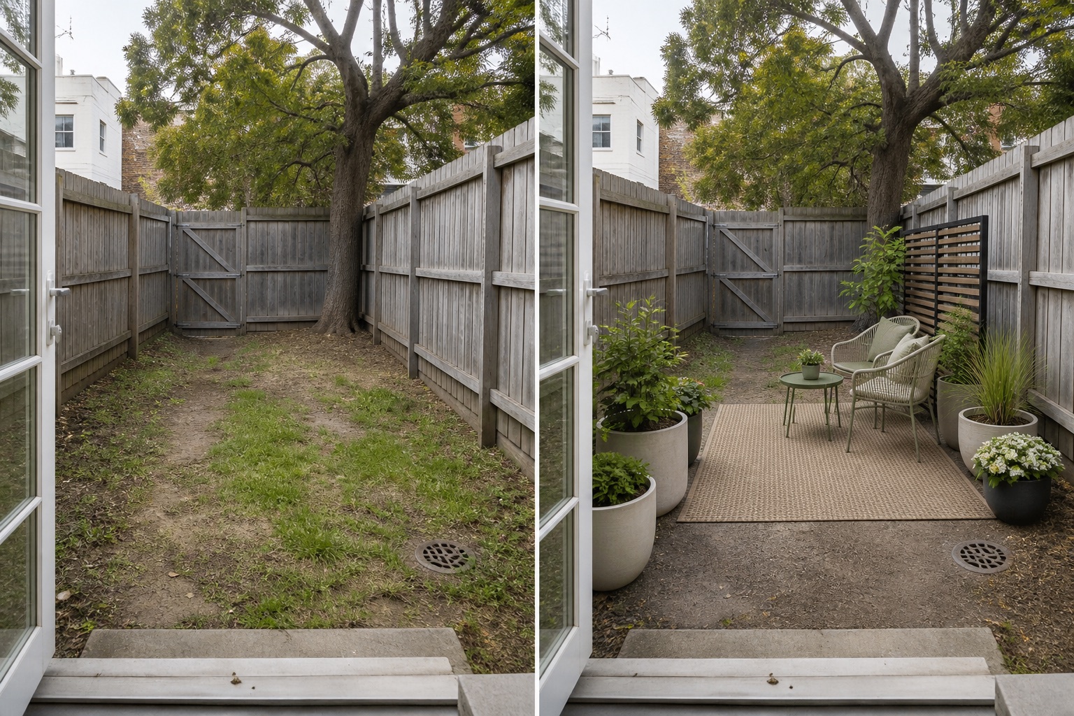 Before-and-after AI concept for renter friendly garden ideas showing the same space and camera position with fixed conditions retained